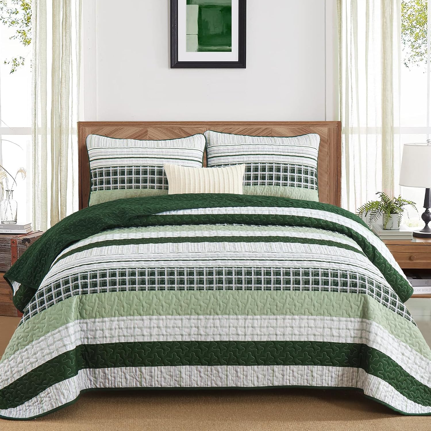 DJY Striped Quilt Set Queen Size 3 Pieces Microfiber Bedding Set
