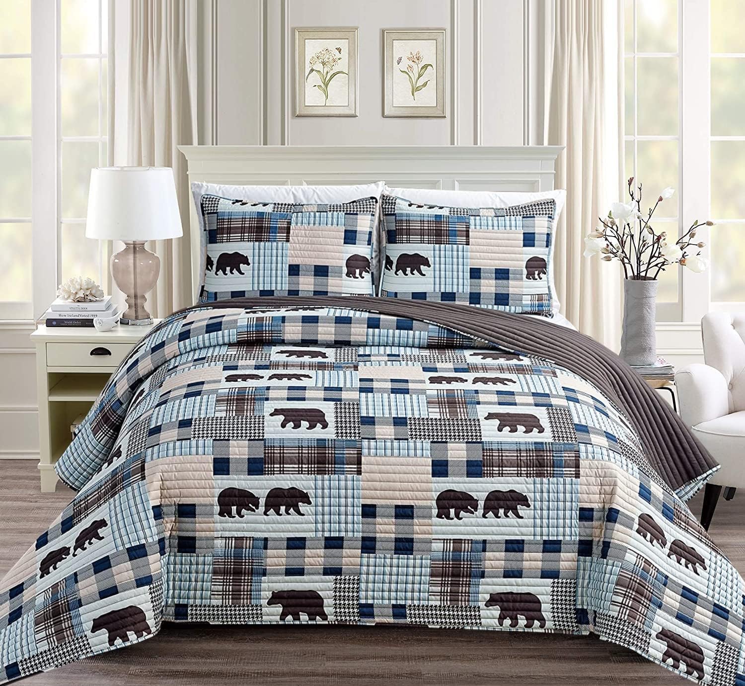 Rustic Farmhouse Bedspread Set with Grizzly Bear Buffalo Plaid Patterns - Twin