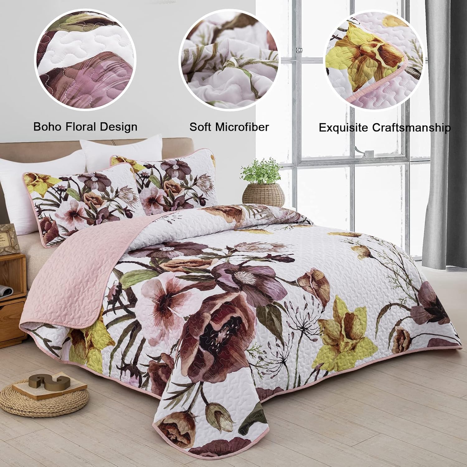 Drucon Floral Quilt Set Queen 3 Pieces