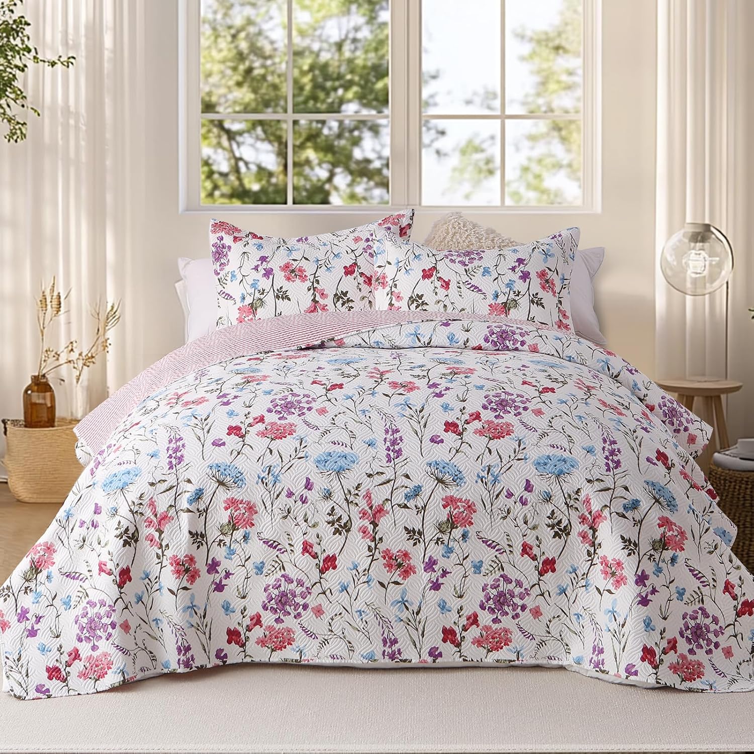 GOONE Reversible Floral Quilt King Set 3 Piece