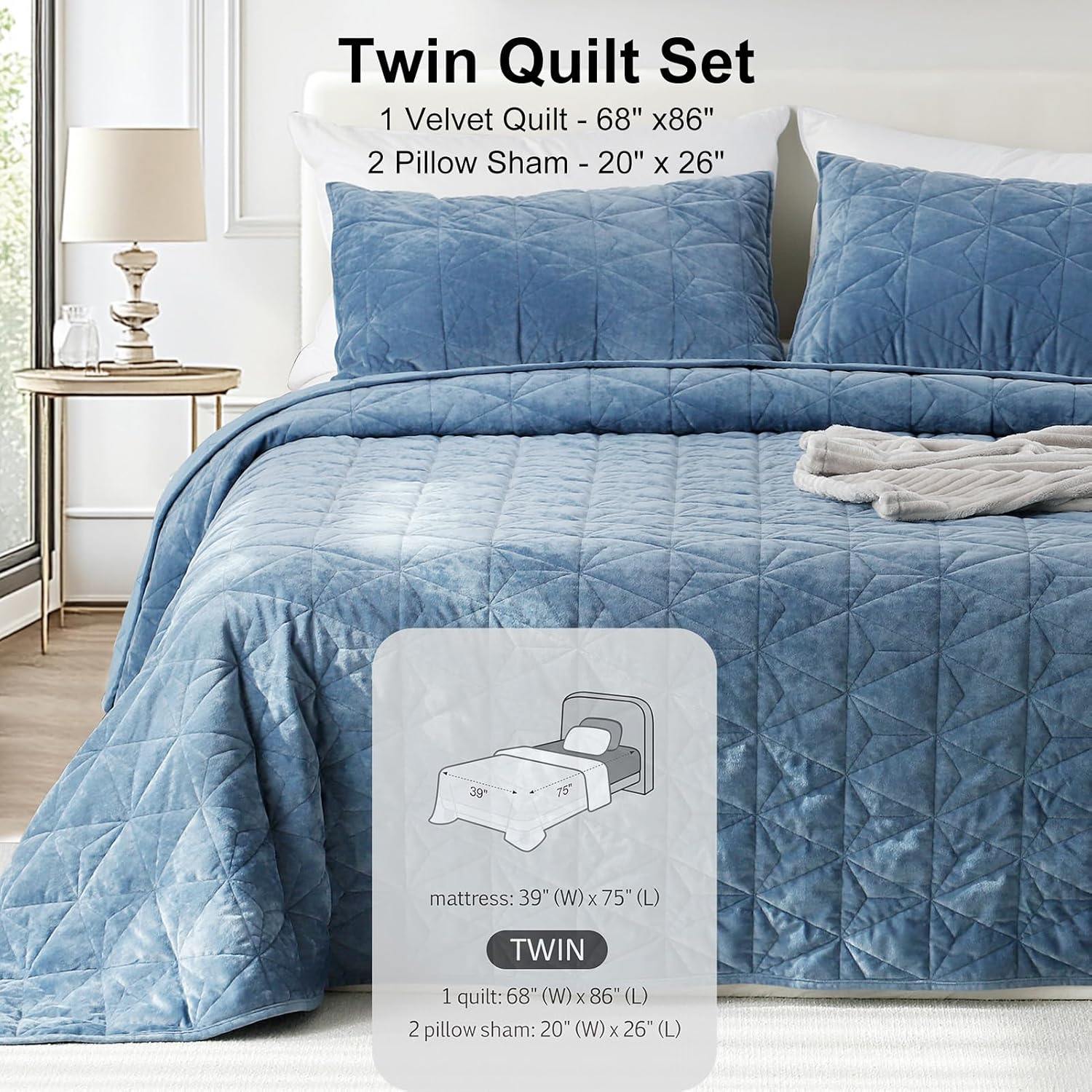 Twin Luxury Velvet Quilt Set - Navy Blue 68x86