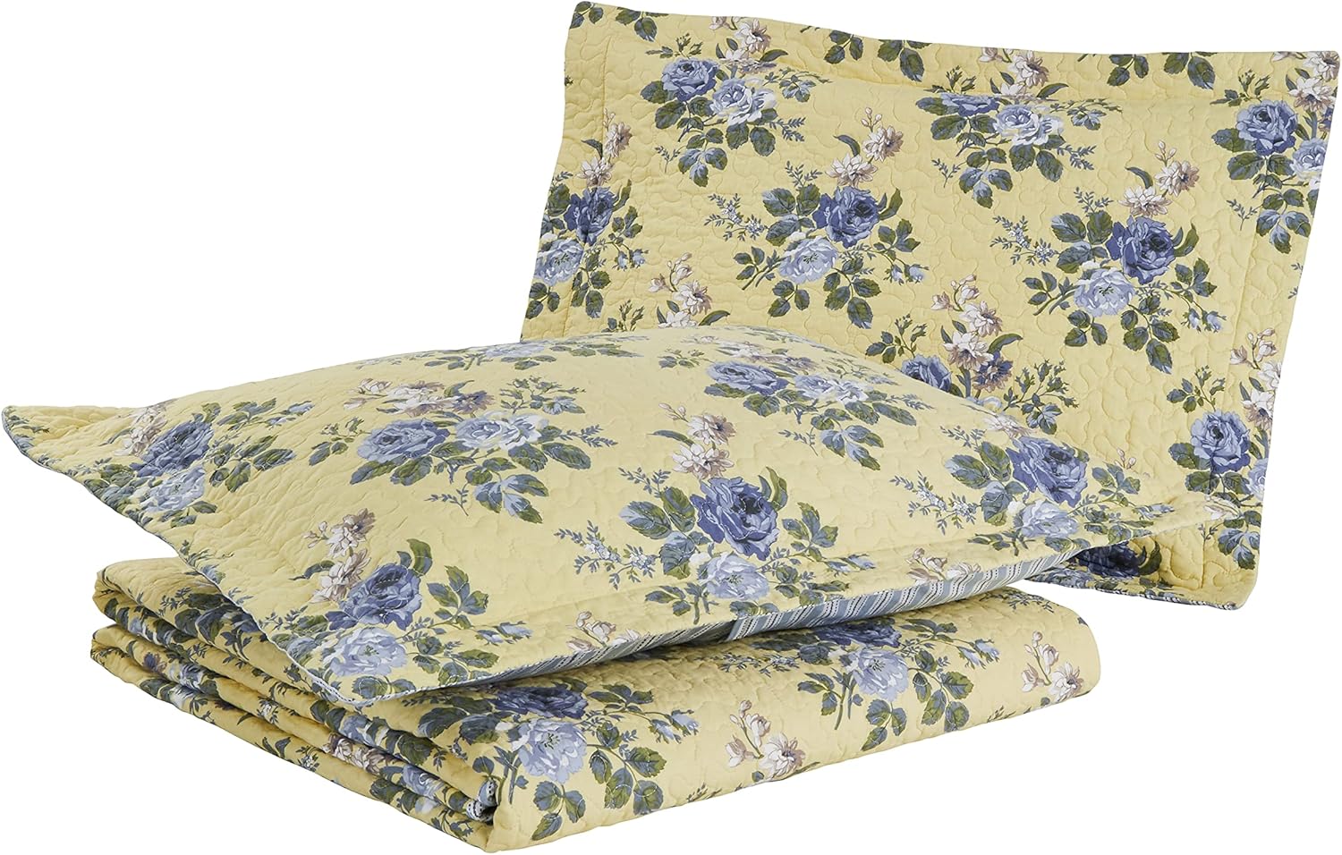 Laura Ashley Twin Quilt Set - Linley Yellow Reversible Cotton Bedding with Matching Sham