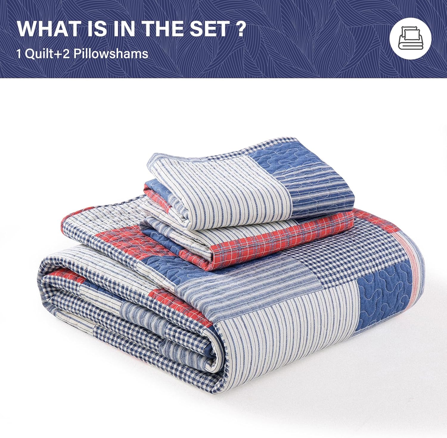 SahSahCasa King Quilt Set 3Pcs Blue Red White 1