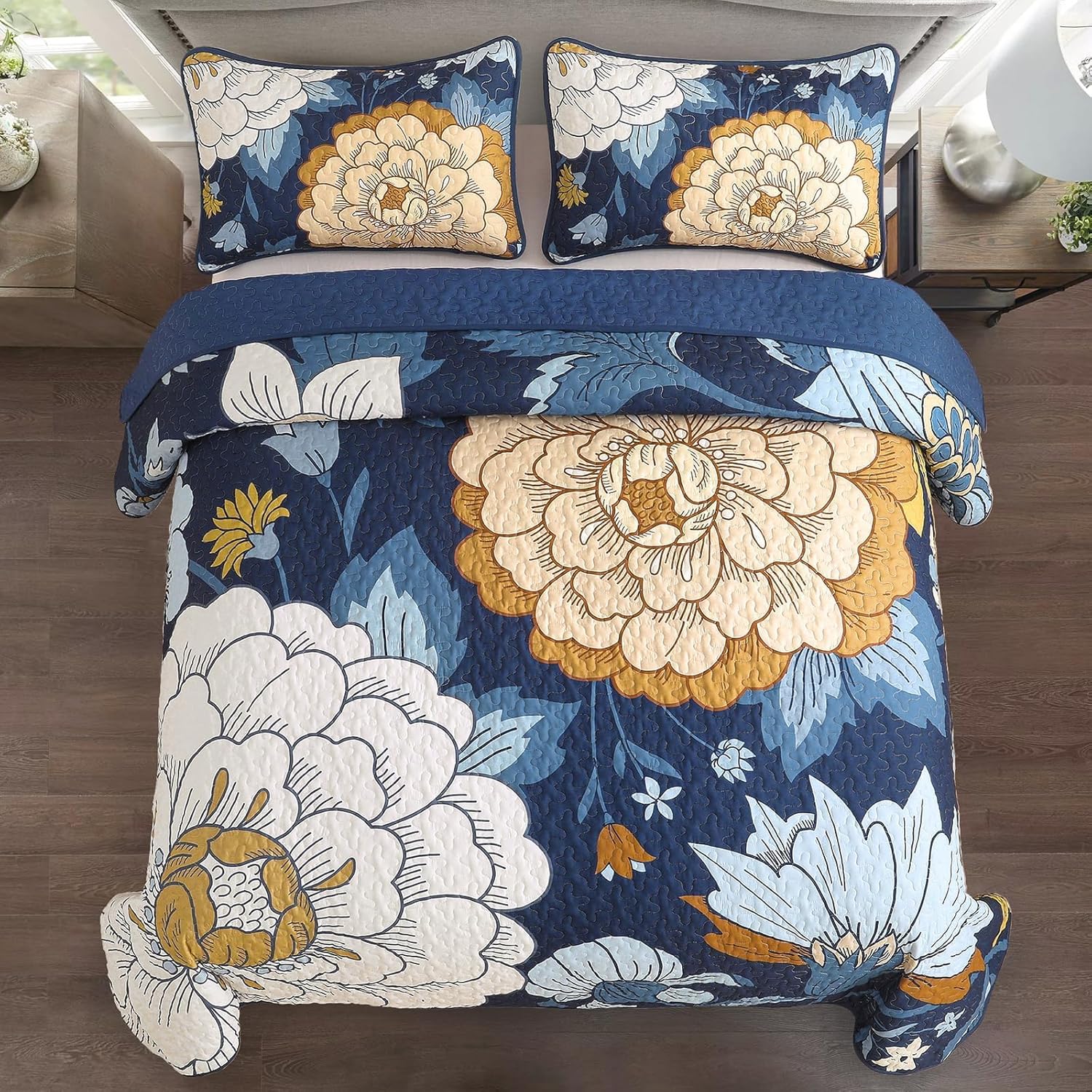 DJY Navy Floral Quilt Set 3 Piece Boho
