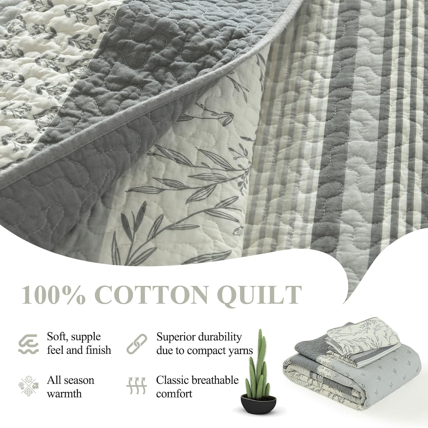 DDUOXIN 100 Cotton Queen Quilt Set - Modern Stripe