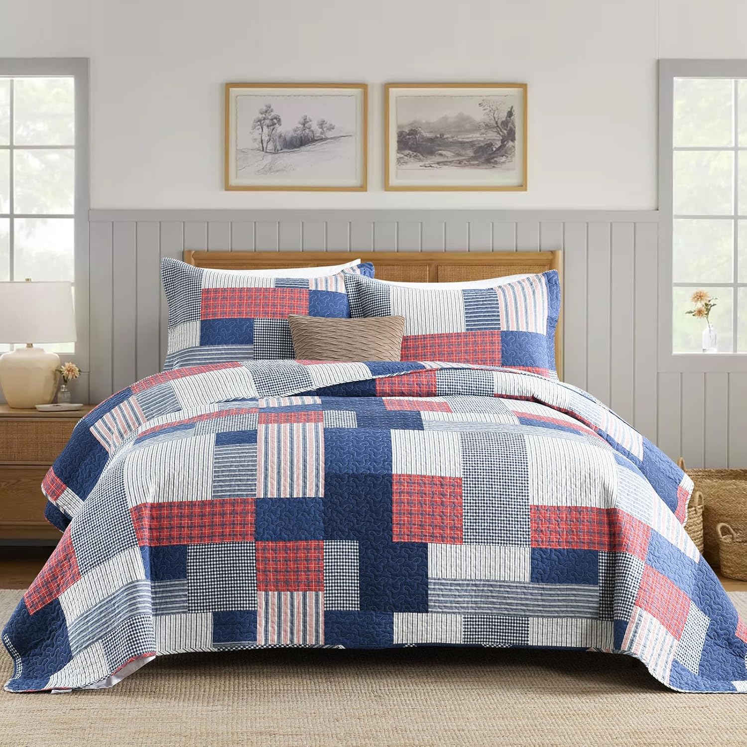 SahSahCasa King Quilt Set 3Pcs Blue Red White 1