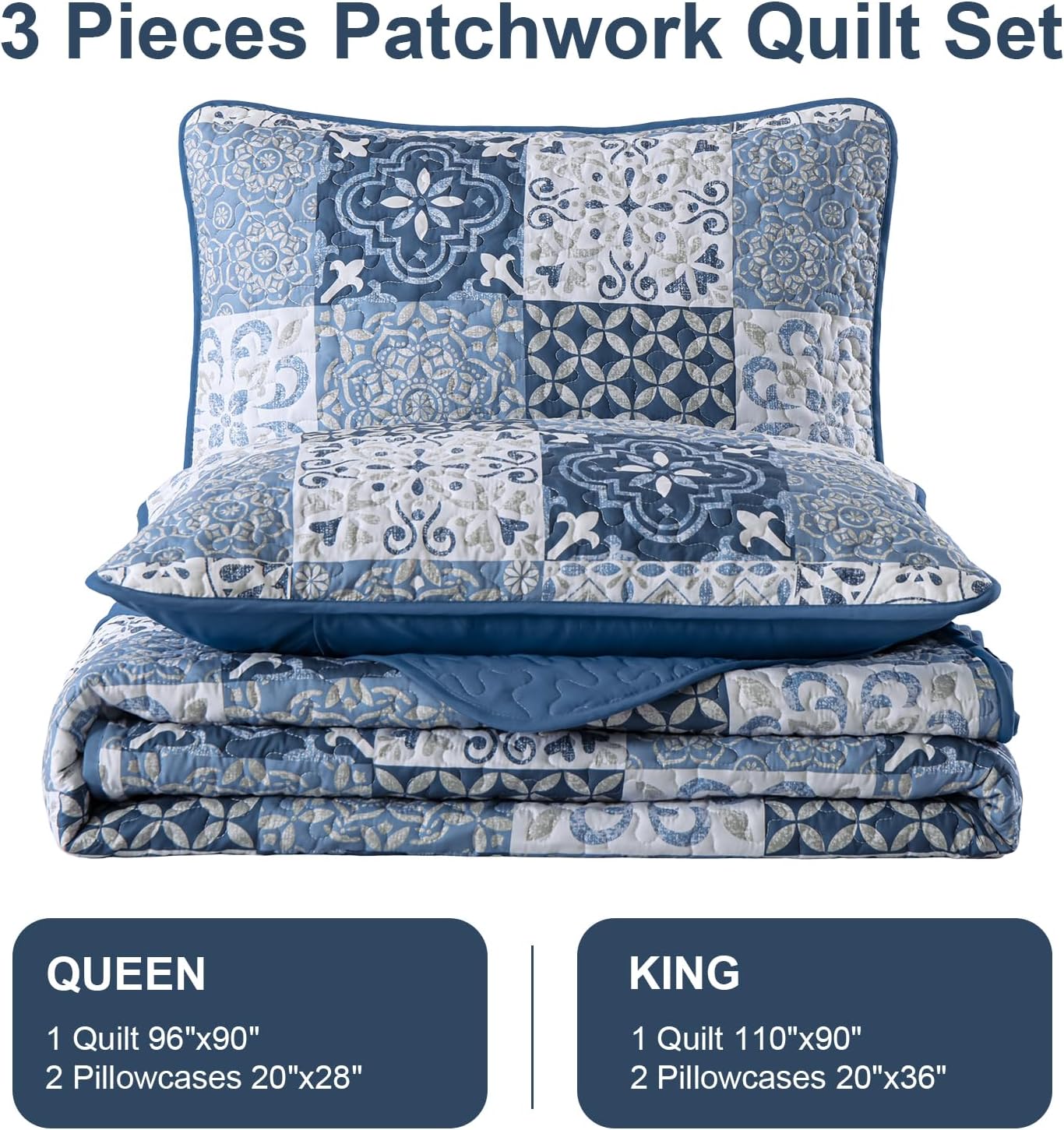 Dobuyly Blue Quilt Set King Size 3 Piece