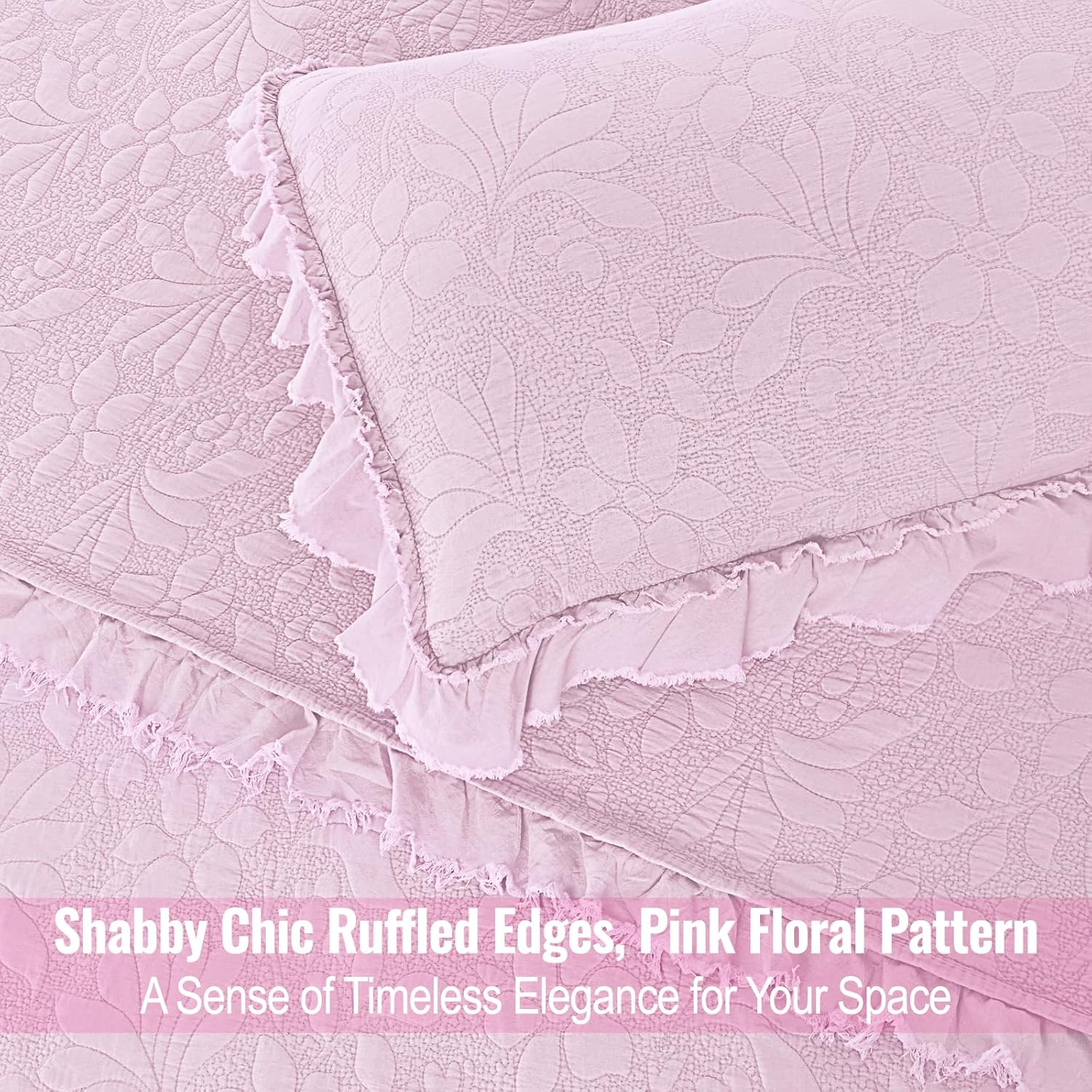 Uspring Pink Ruffled Floral Queen Comforter Set 3 Piece