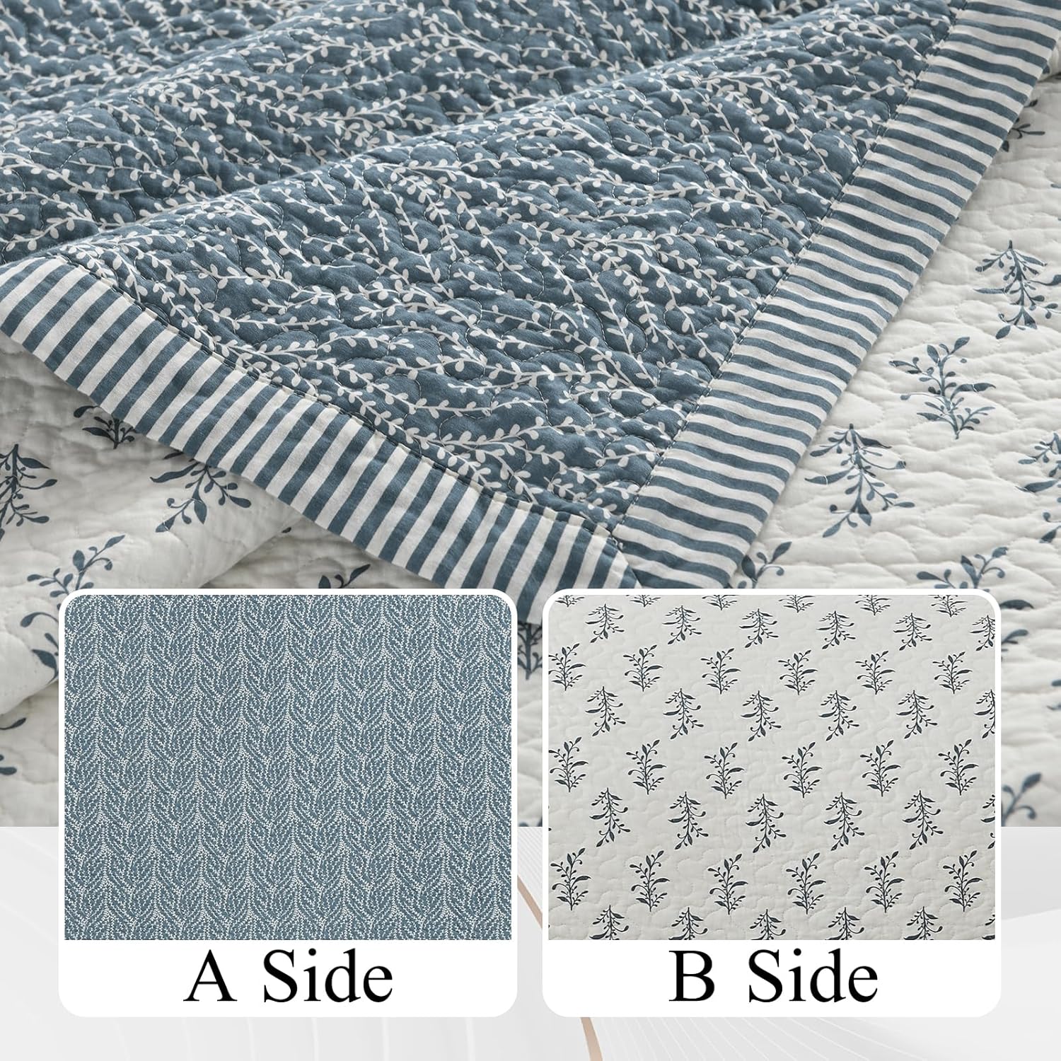 Finlonte Queen Size Cotton Quilt Set - 3 Pcs Grayish BlueWhite