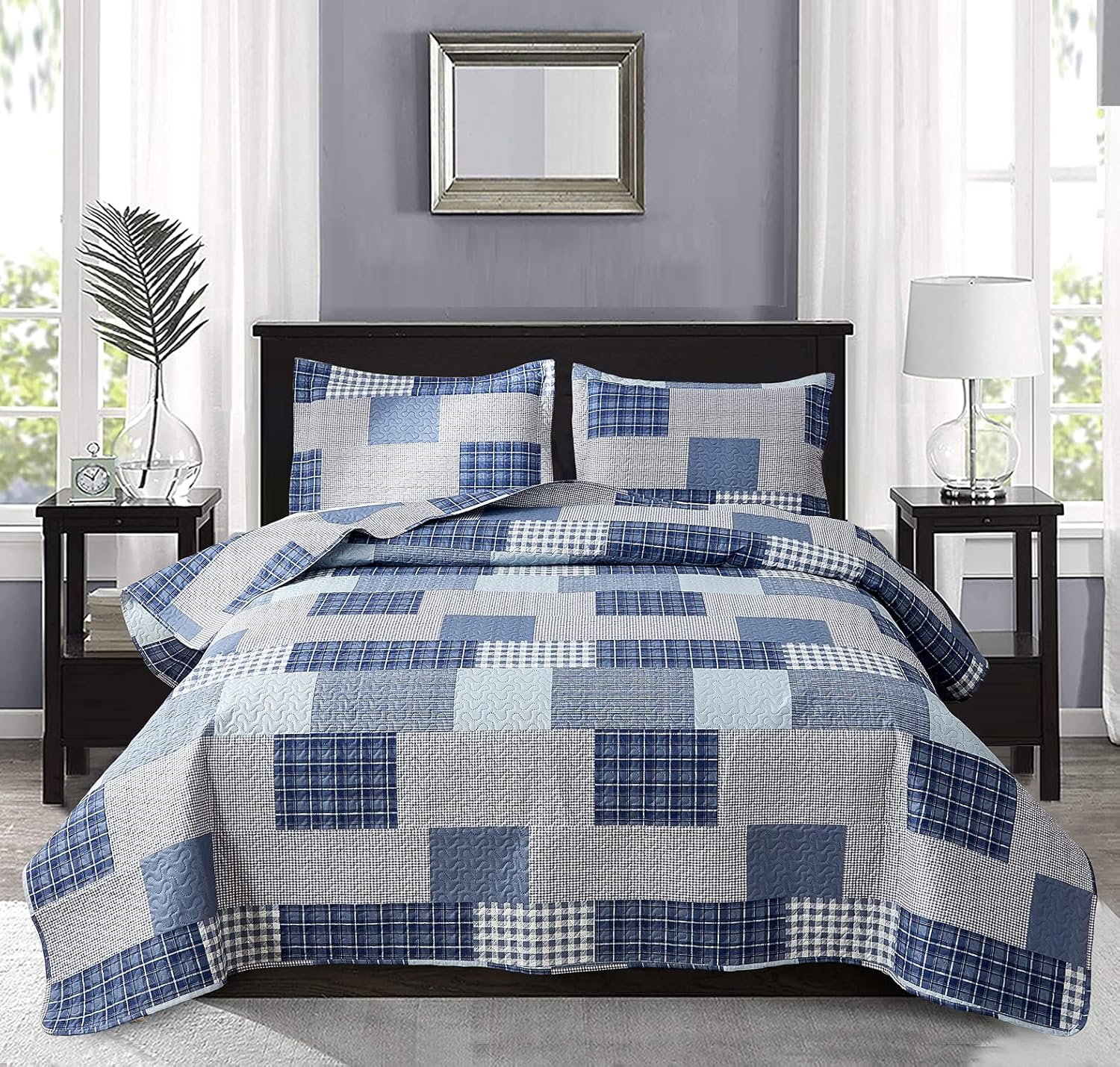 Jarson Light Blue Plaid Quilt Set 3Pcs King Size Reversible
