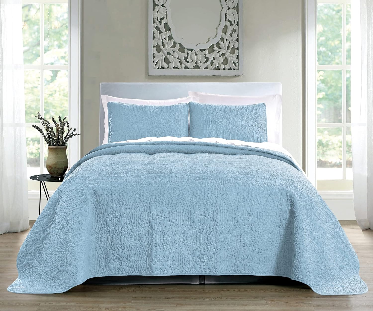 Pure Bedding Quilt Set King Size Sky Blue Geometric Pattern