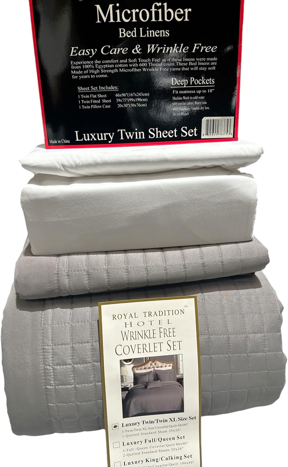 5-Pcs Bedspread Set Twin XL Grey Checkered