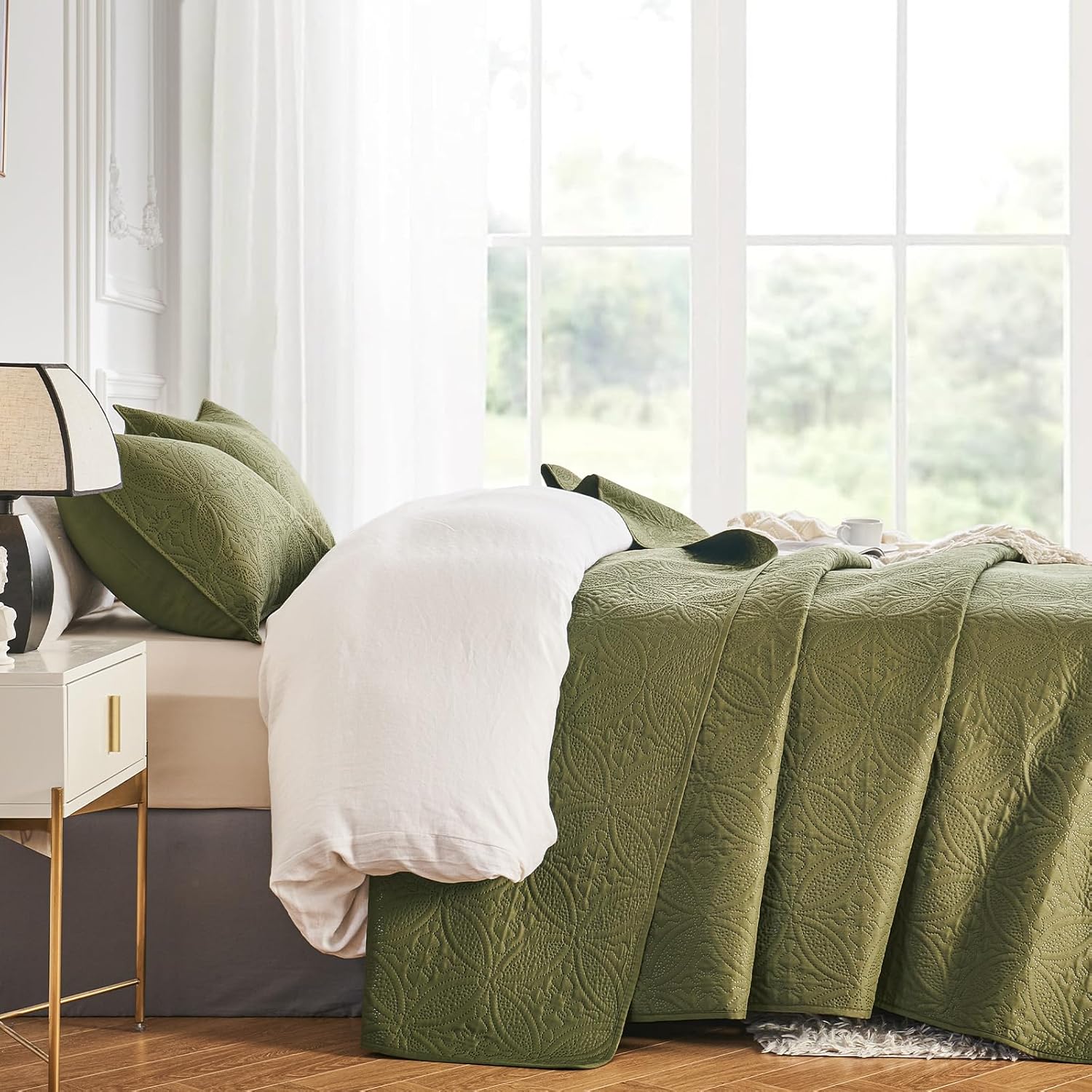 WURUIBO Twin Quilt Set Olive Green Microfiber 1