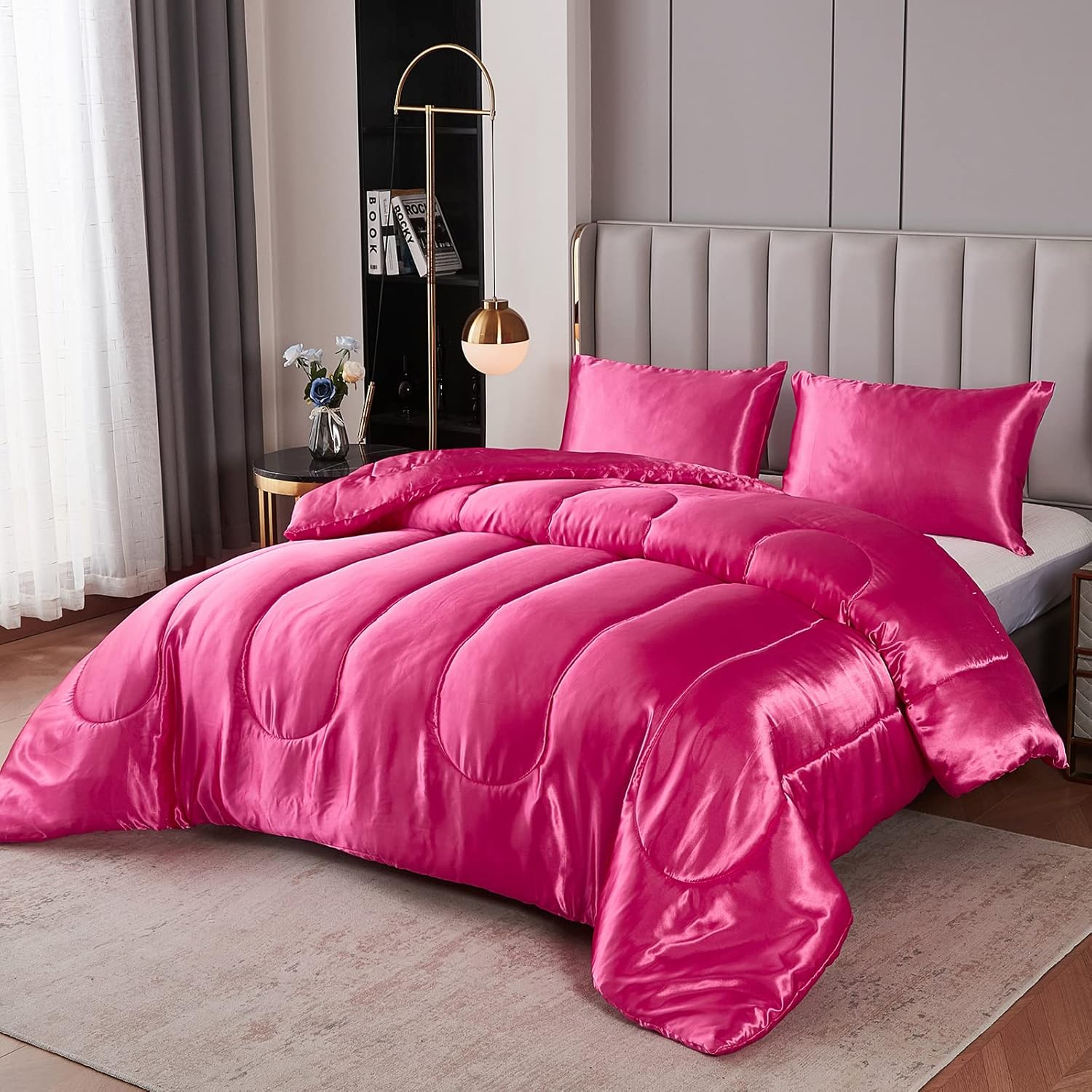 Kanak Bedding 3PC Satin Comforter Set Queen Hot Pink