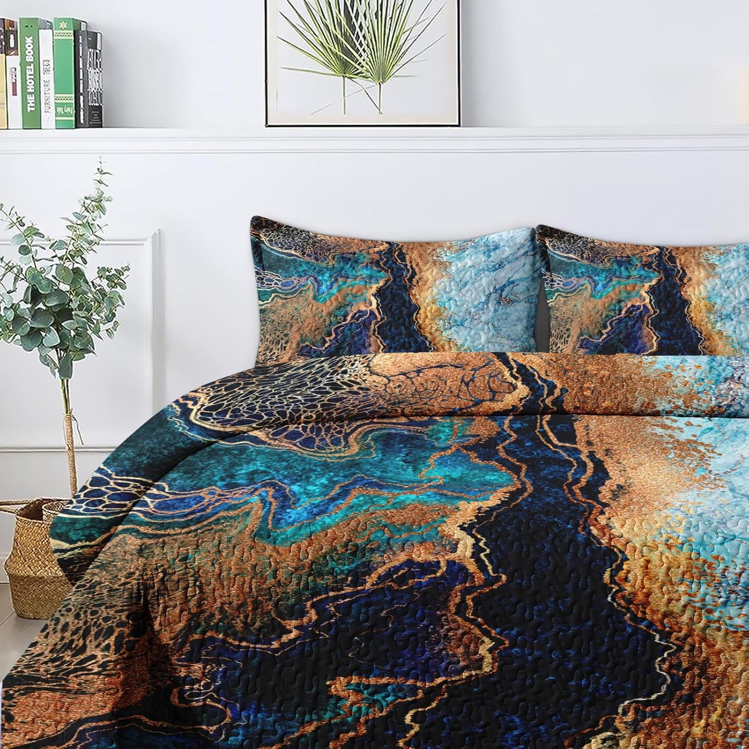 Pamnest Quilt Set Twin Size Blue Gold Marble 2 Pcs 1