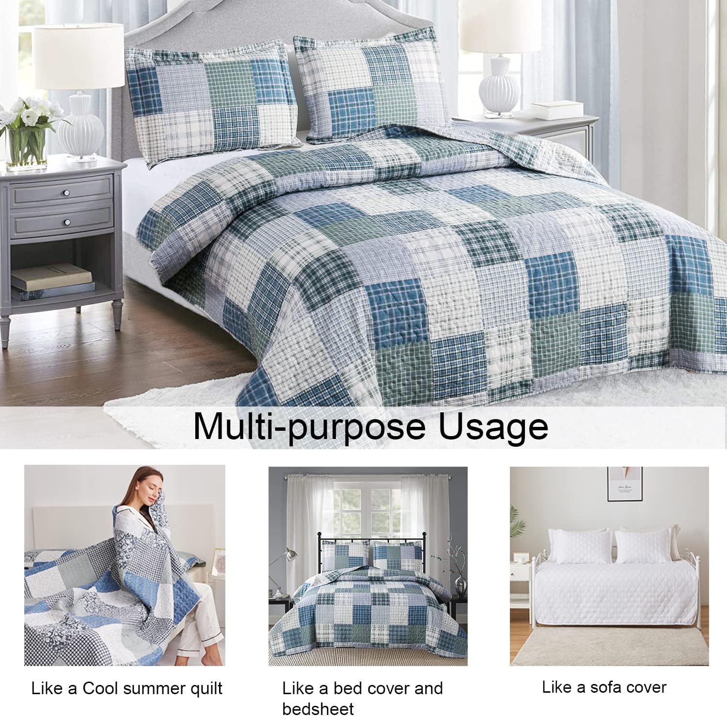 Ycosy Plaid Quilt Set Twin Size Reversible Bedspread