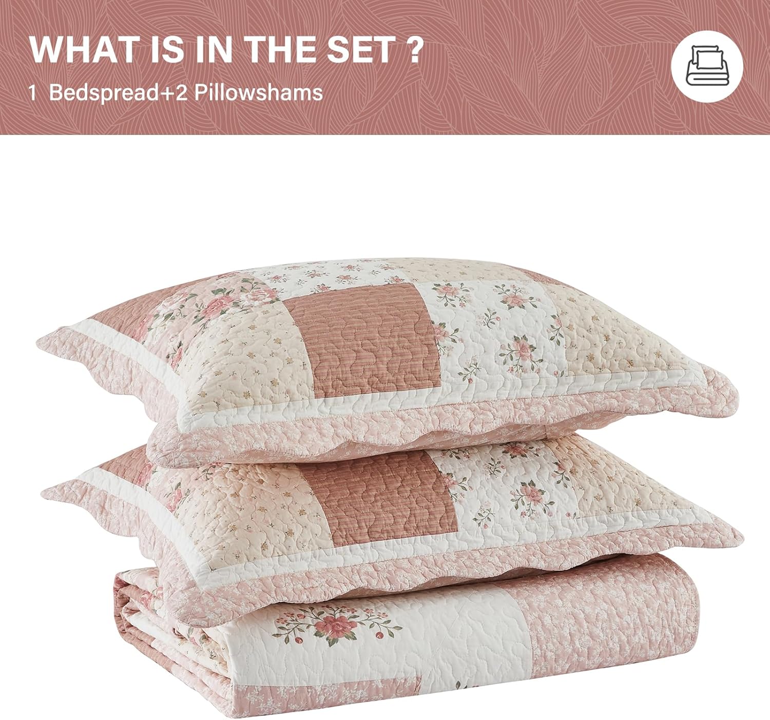 SahSahCasa 128x120 Cotton Patchwork Bedspread Set - Floral Cal King Quilt