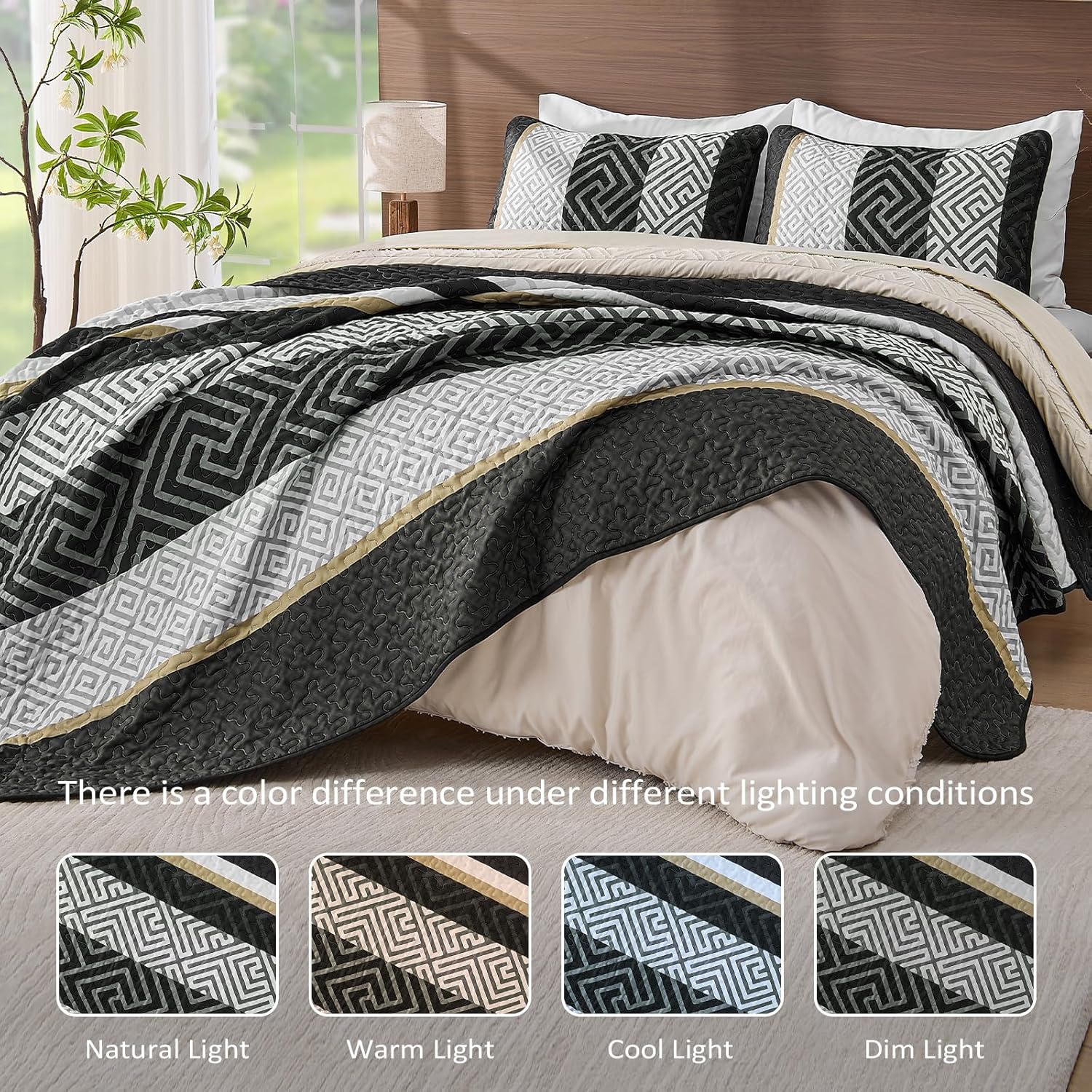 WONGS BEDDING King Size Quilt Set Black 3 Pieces 1