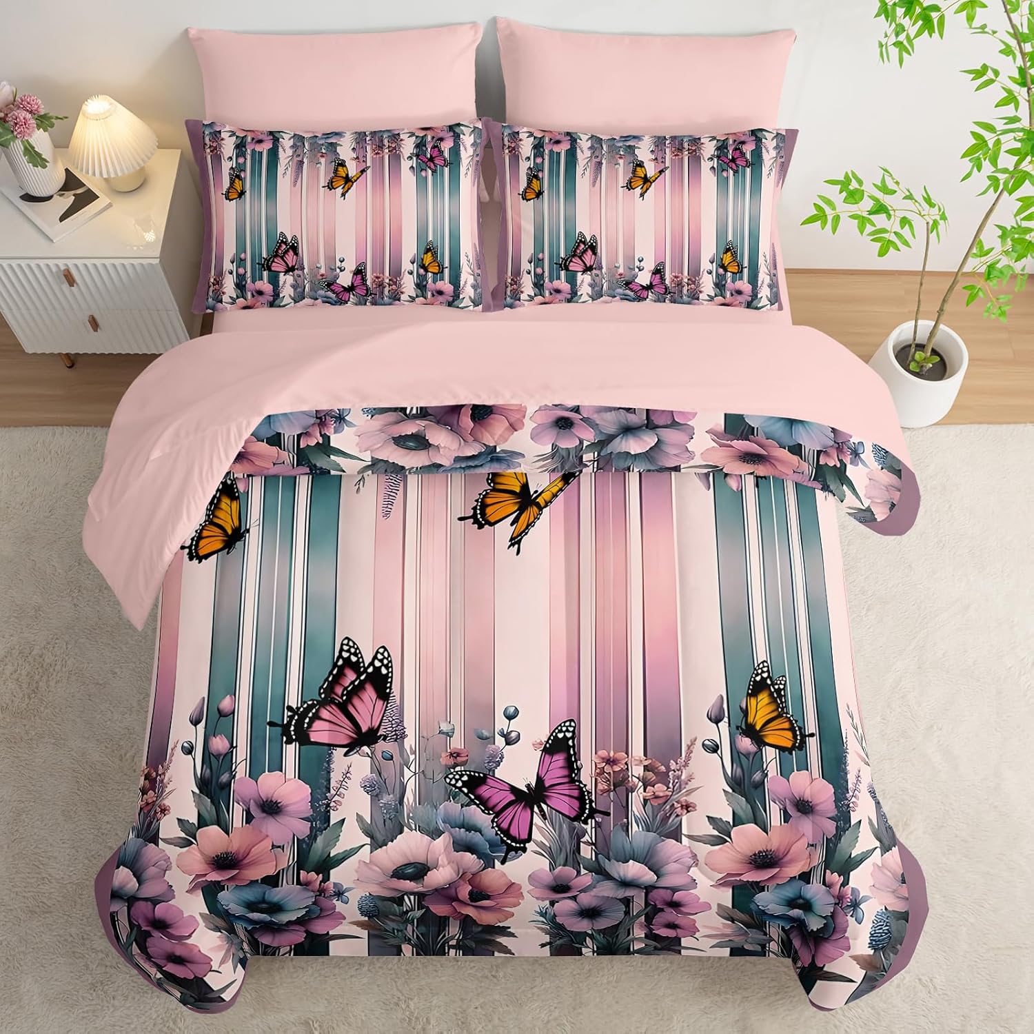 Pink Butterfly Comforter Set Queen 7 Piece