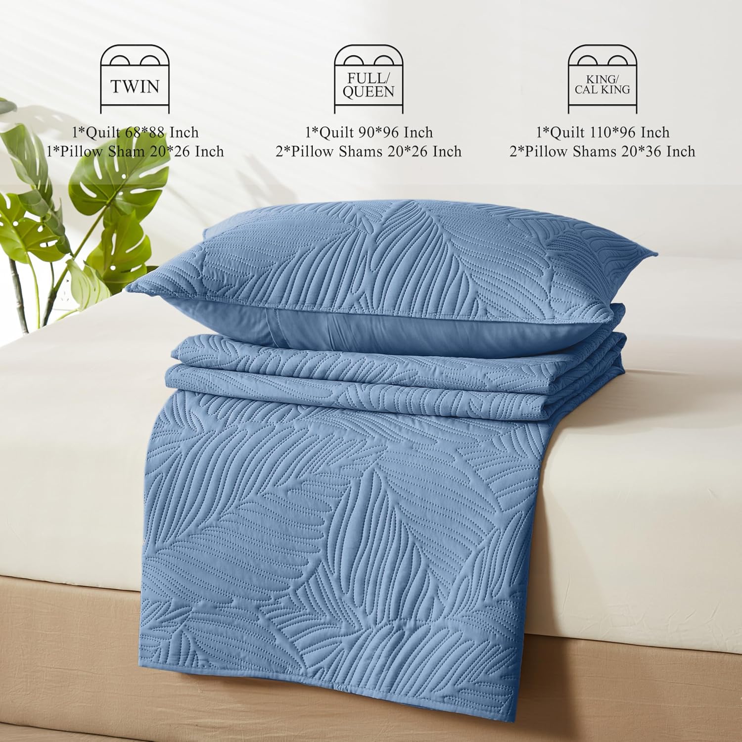 OARAGE Queen Quilt Set Soft Lightweight Bluish Grey with Leaf Pattern