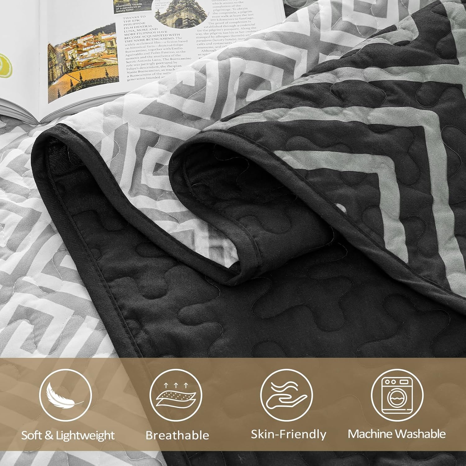 WONGS BEDDING King Size Quilt Set Black 3 Pieces 1