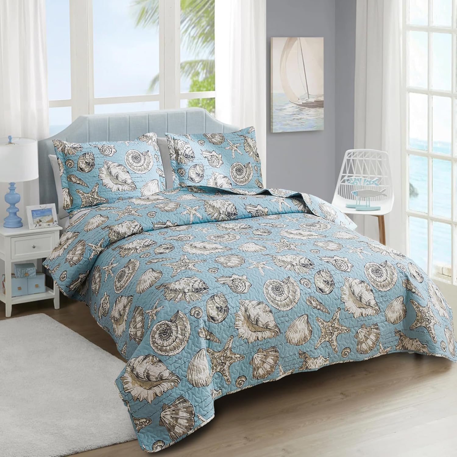 Junsey Ocean Theme Quilt Set 3Pcs Lightweight Reversible