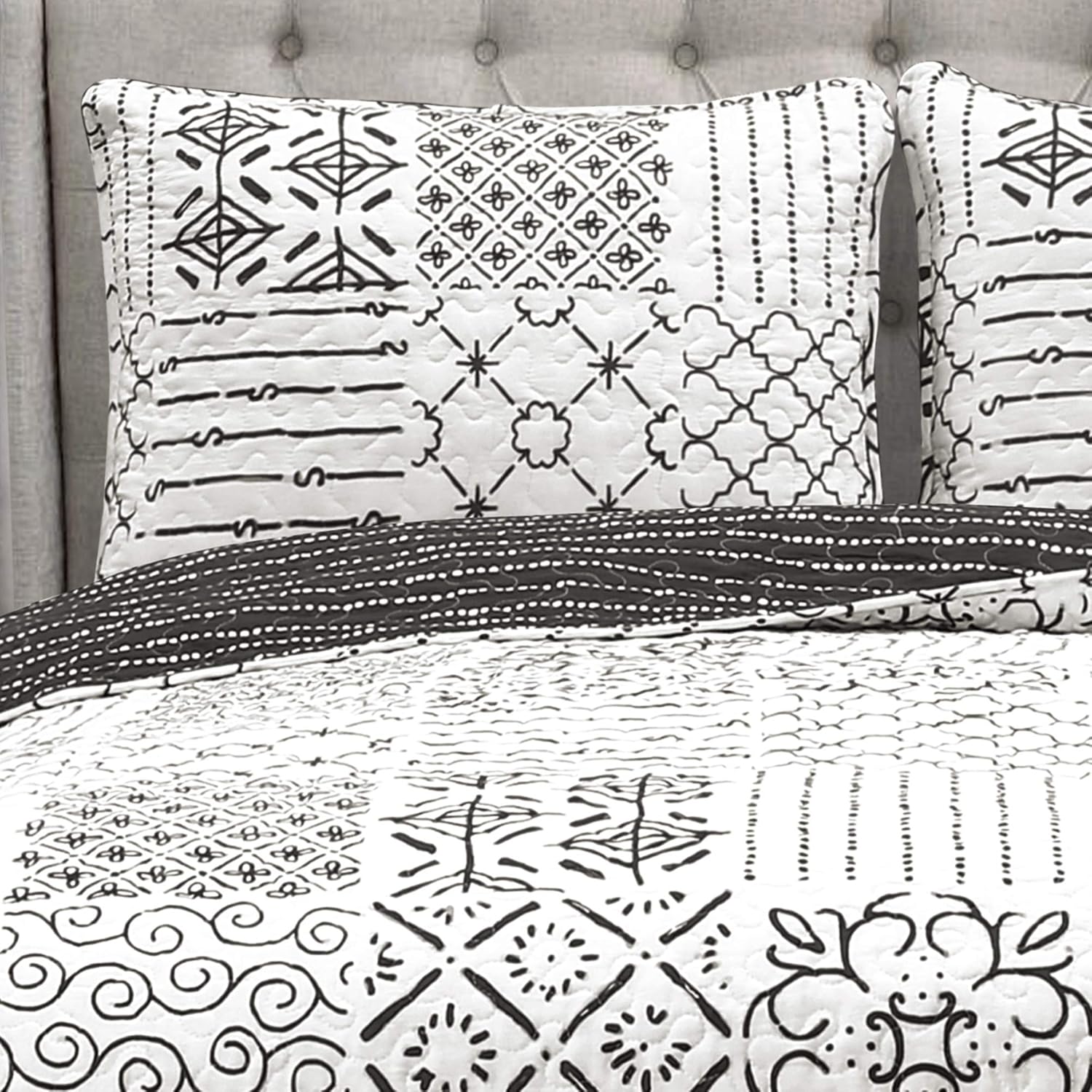 Lush Decor Charcoal Monique 3 Piece Reversible Quilt Set