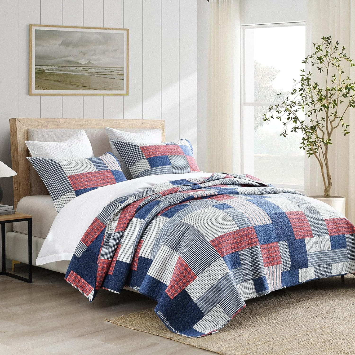 SahSahCasa King Quilt Set 3Pcs Blue Red White 1