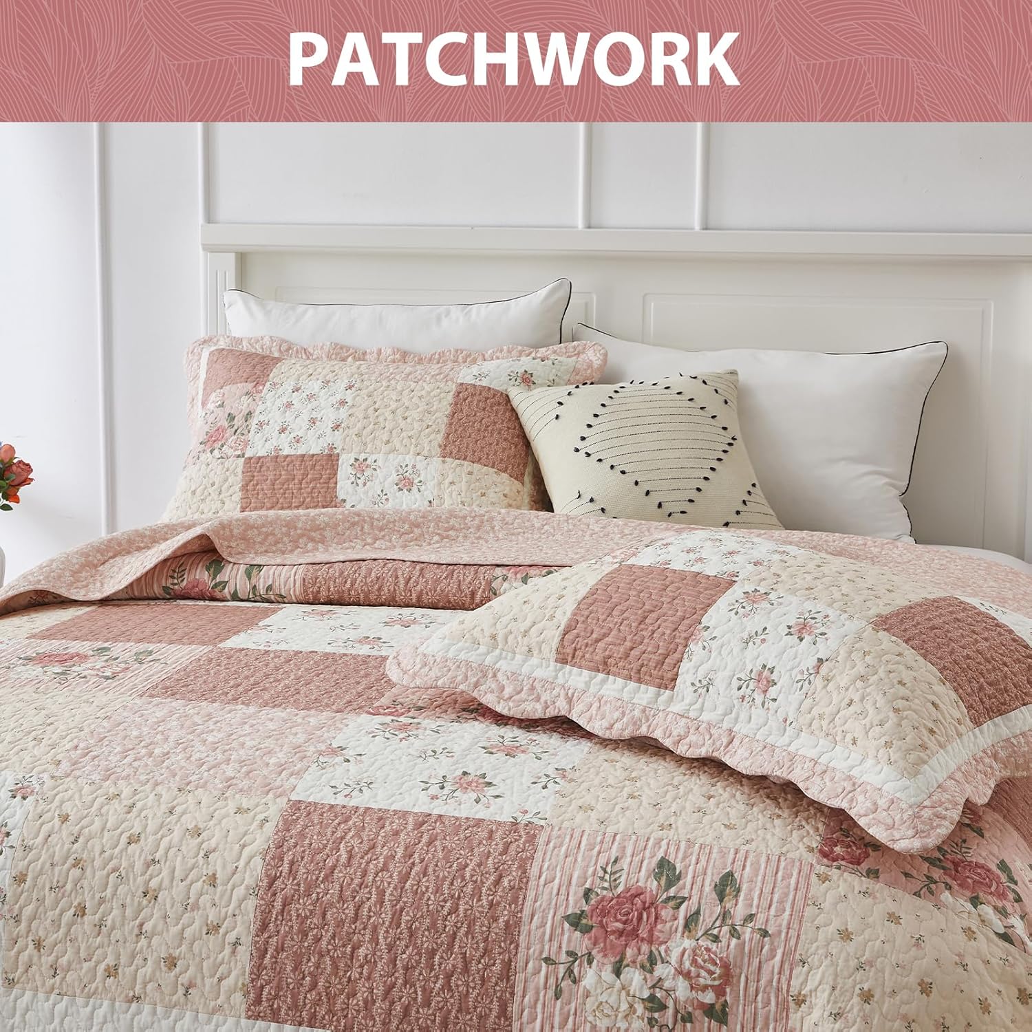 SahSahCasa 128x120 Cotton Patchwork Bedspread Set - Floral Cal King Quilt