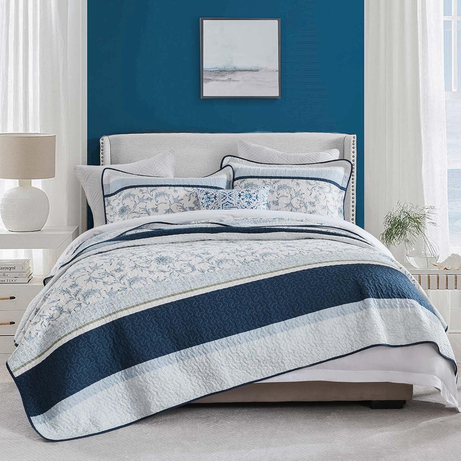 DUOHONG 100 Cotton King Quilt Set 3pcs Navy Blue White