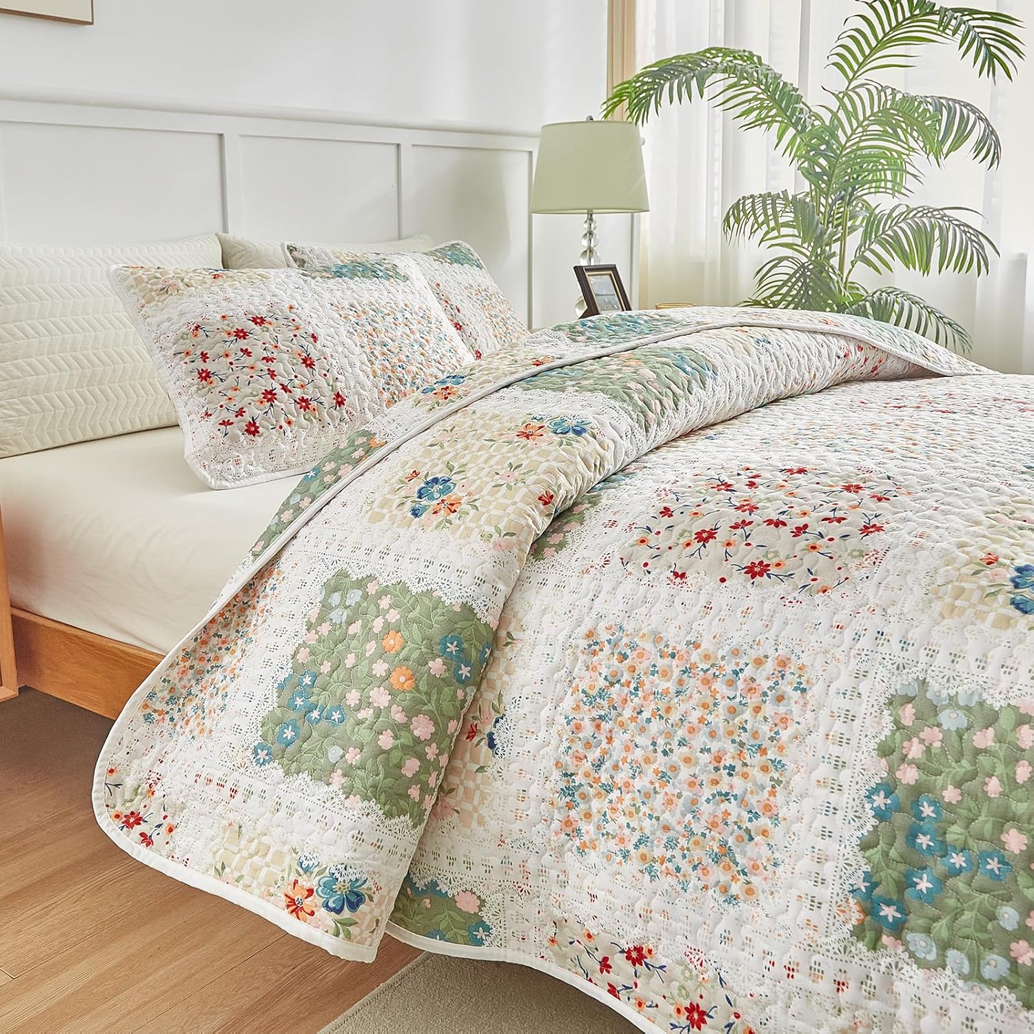 UOZZI BEDDING Floral Patchwork Quilt Set Queen Full 88x88 3 PC