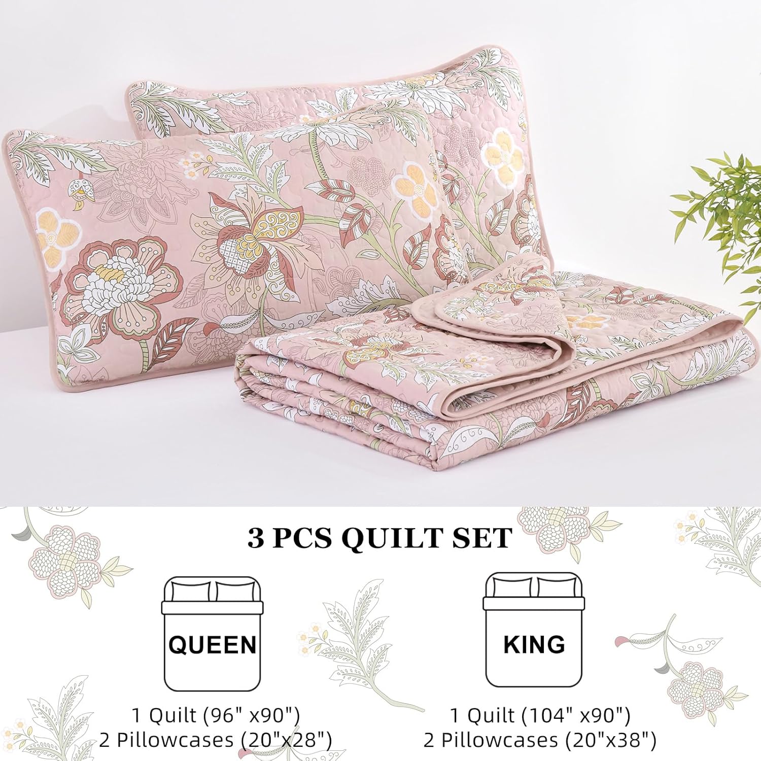 WONGS BEDDING Floral Quilt Set King Size 3 Piece