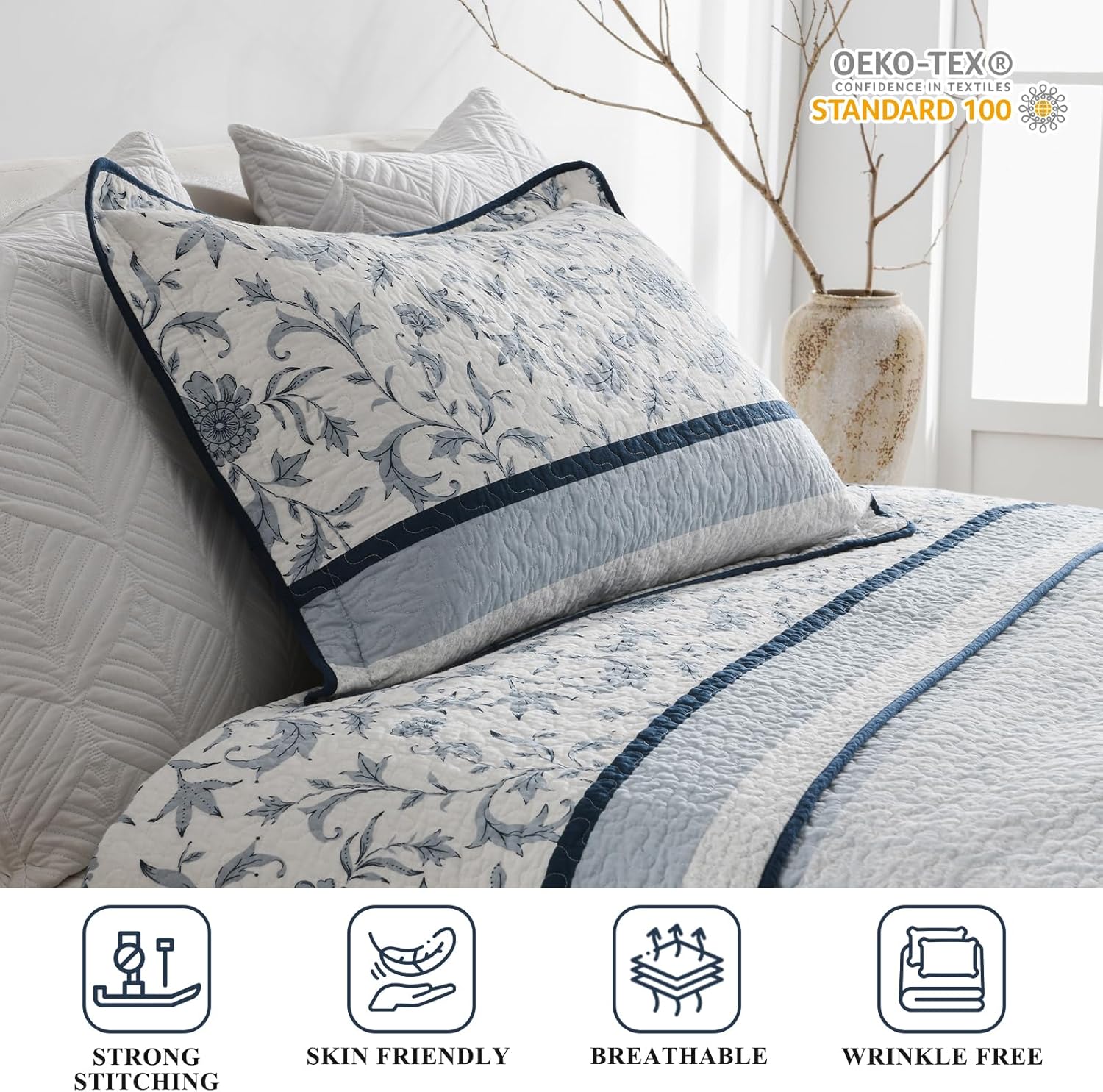 SOElinens Queen Size Quilt Set Navy Blue Floral