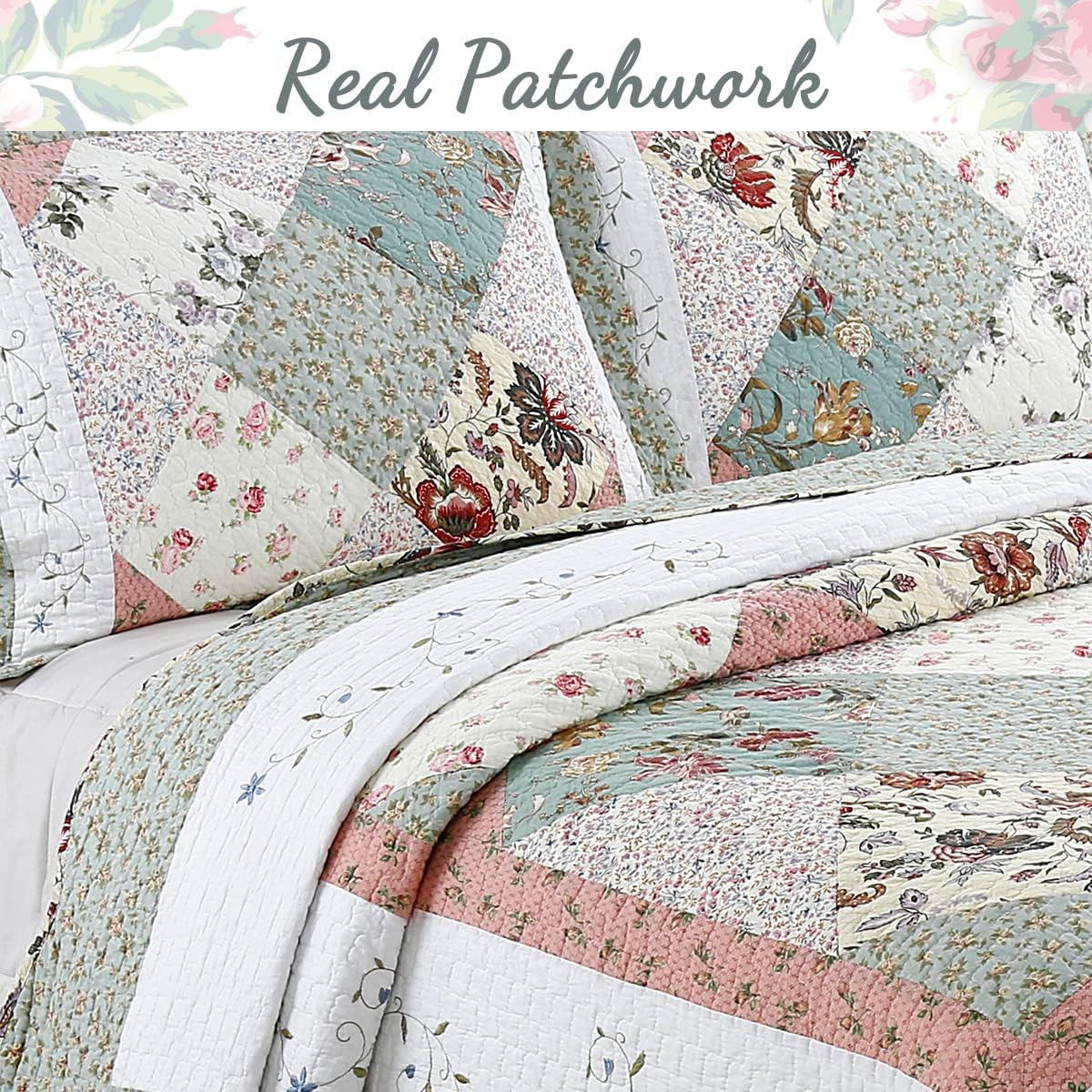 Cozy Line Floral Patchwork Quilt Bedding Set Queen 3 Piece