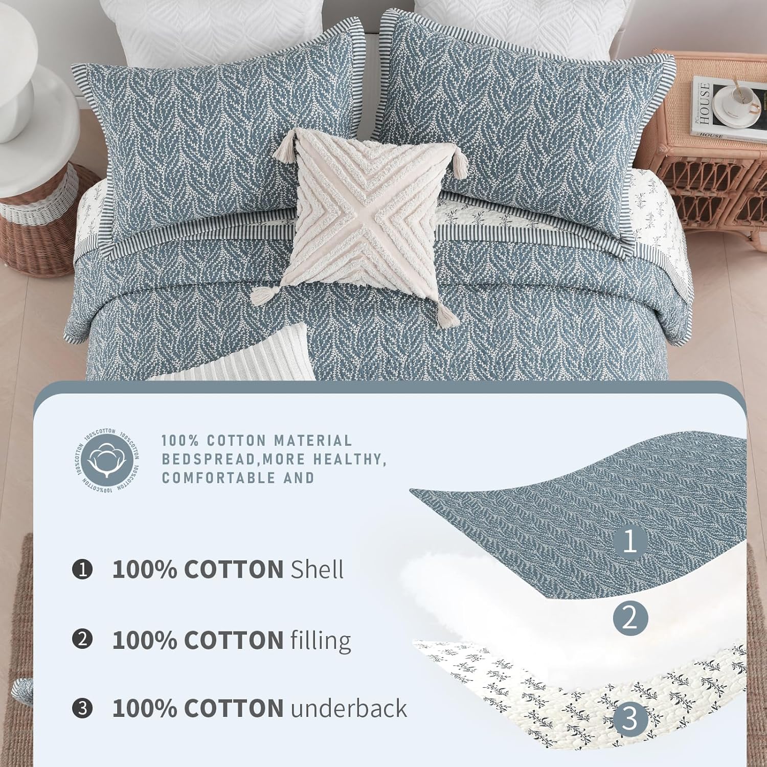 Finlonte Queen Size Cotton Quilt Set - 3 Pcs Grayish BlueWhite