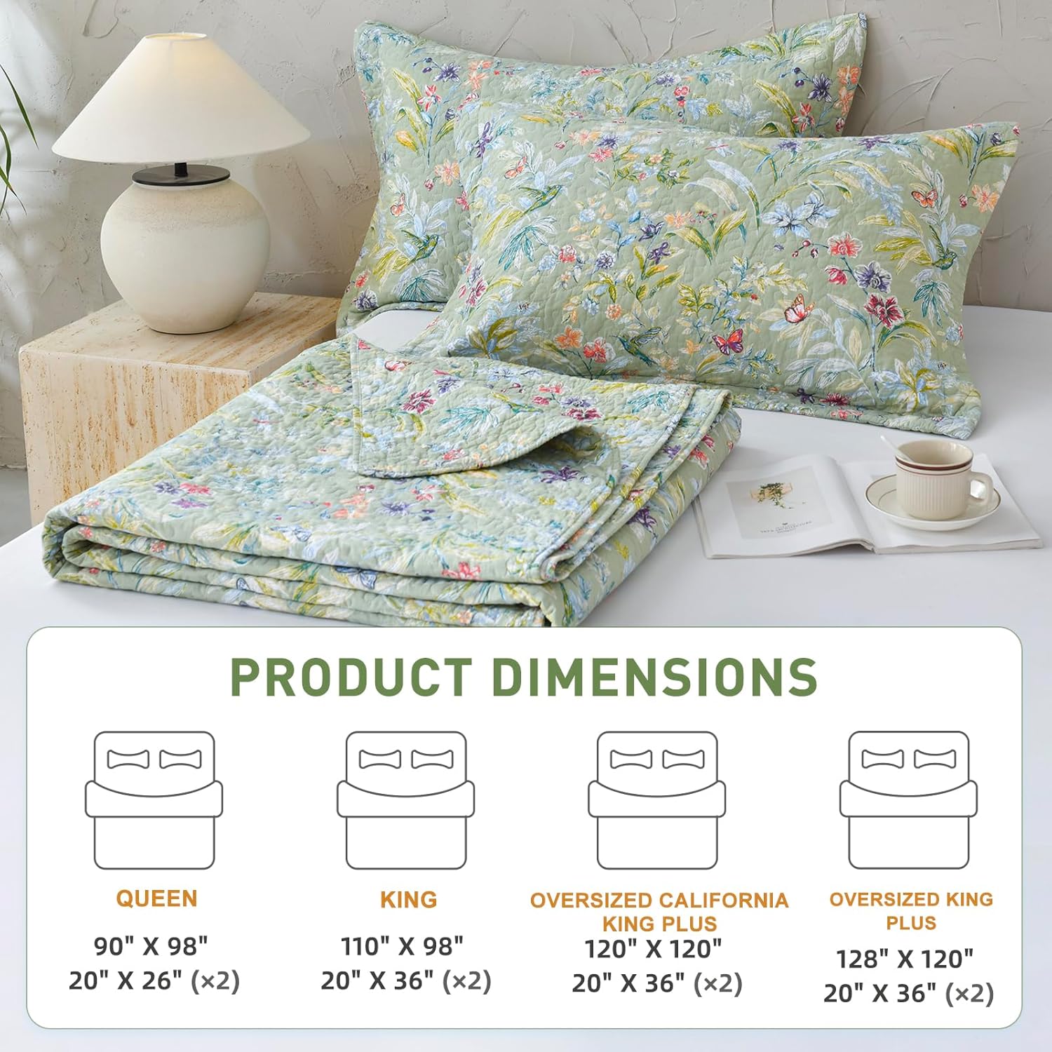 Lady Ann Green Floral 100 Cotton Queen Quilt Set