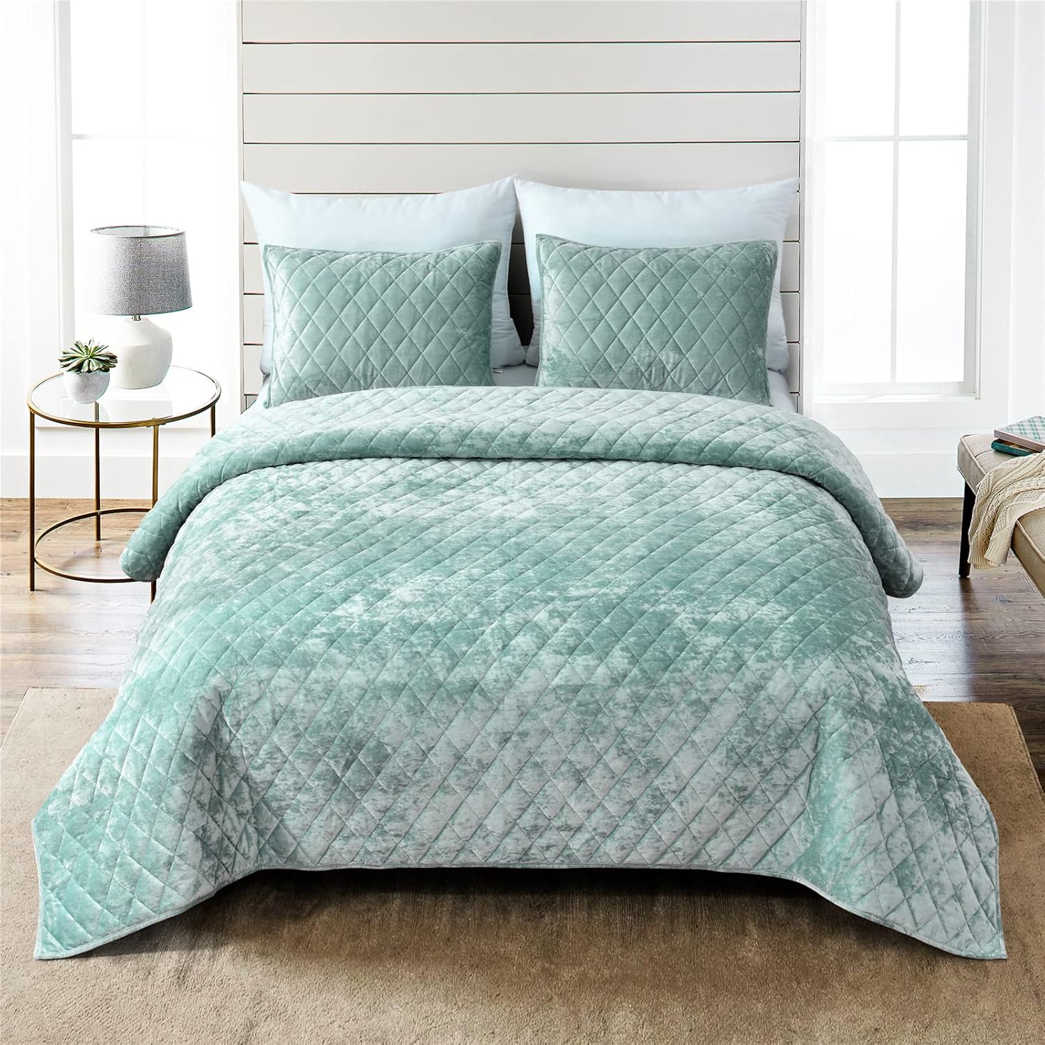 Fredsure Distressed Velvet Quilt Set Twin Sage Green