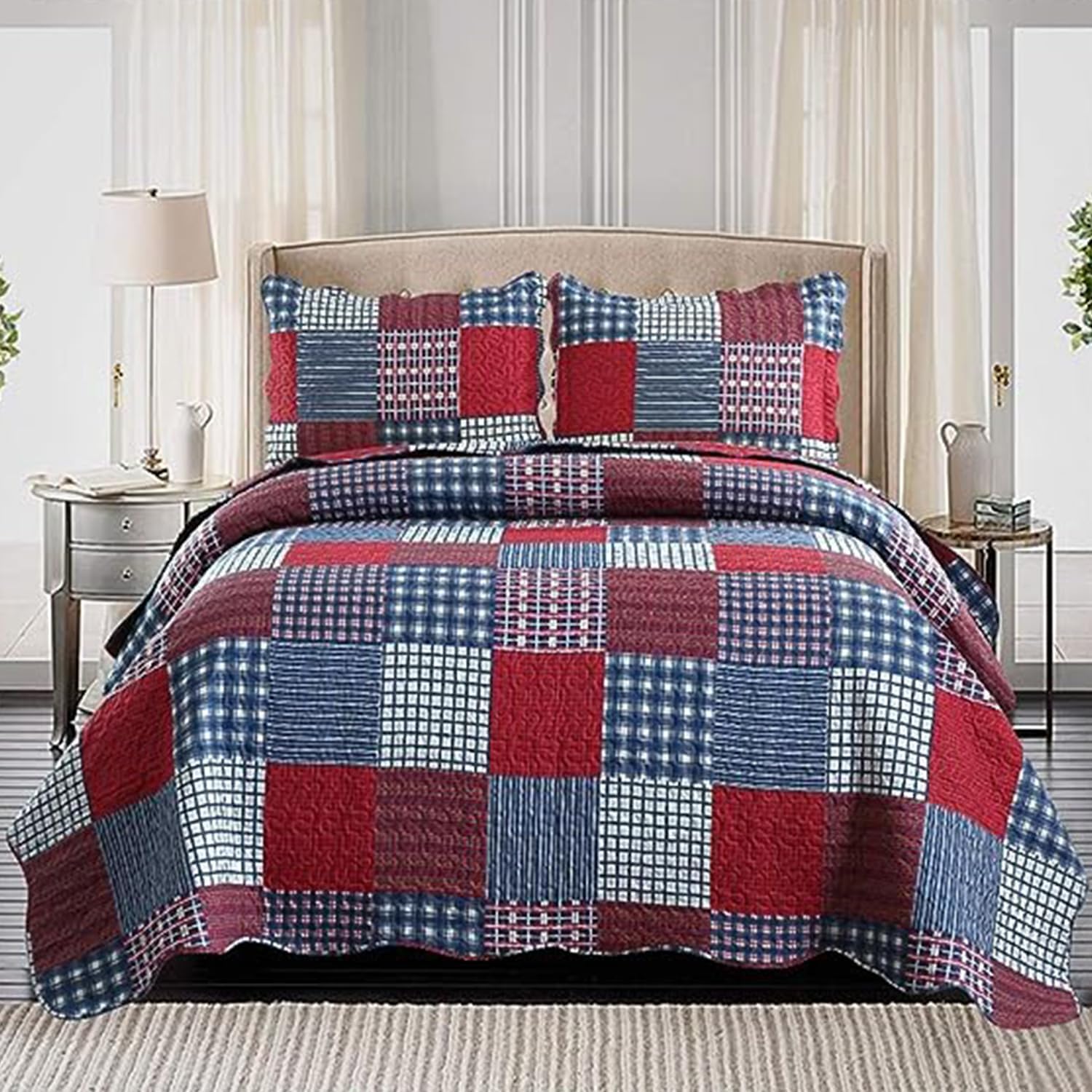 Hailea Red Blue Plaid Quilt Set Twin Size
