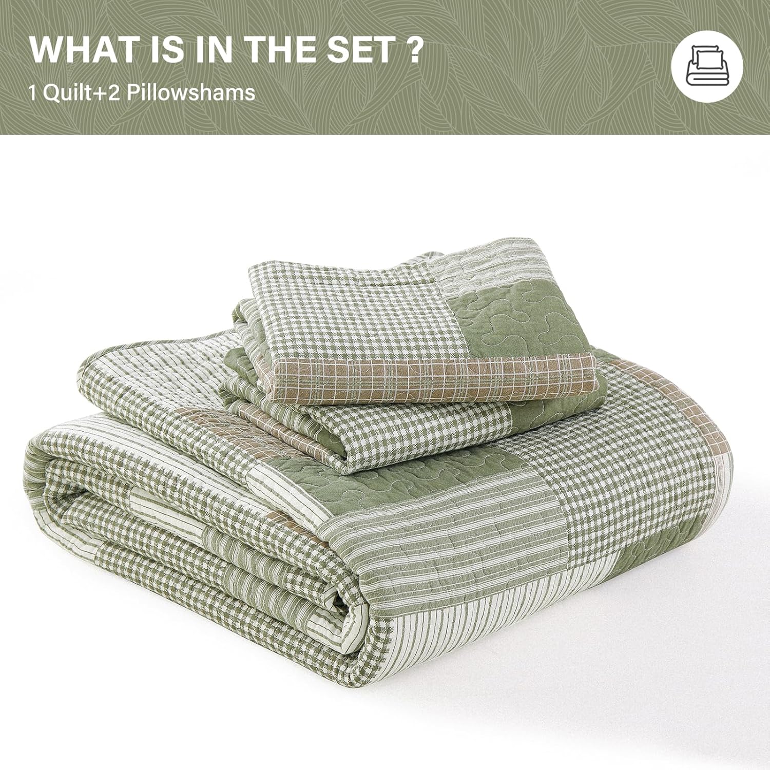 SahSahCasa Queen Size Quilt Set 3Pcs Green Brown
