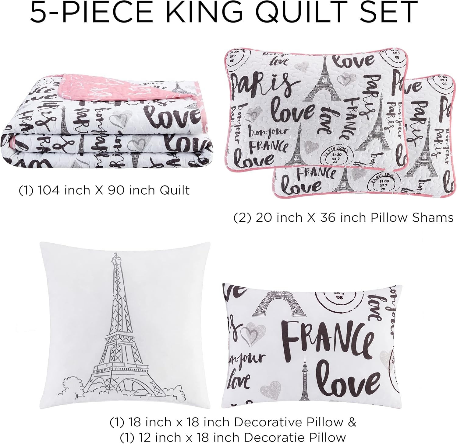 5-Piece Quilt Set King Bonjour Paris PinkWhiteBlack