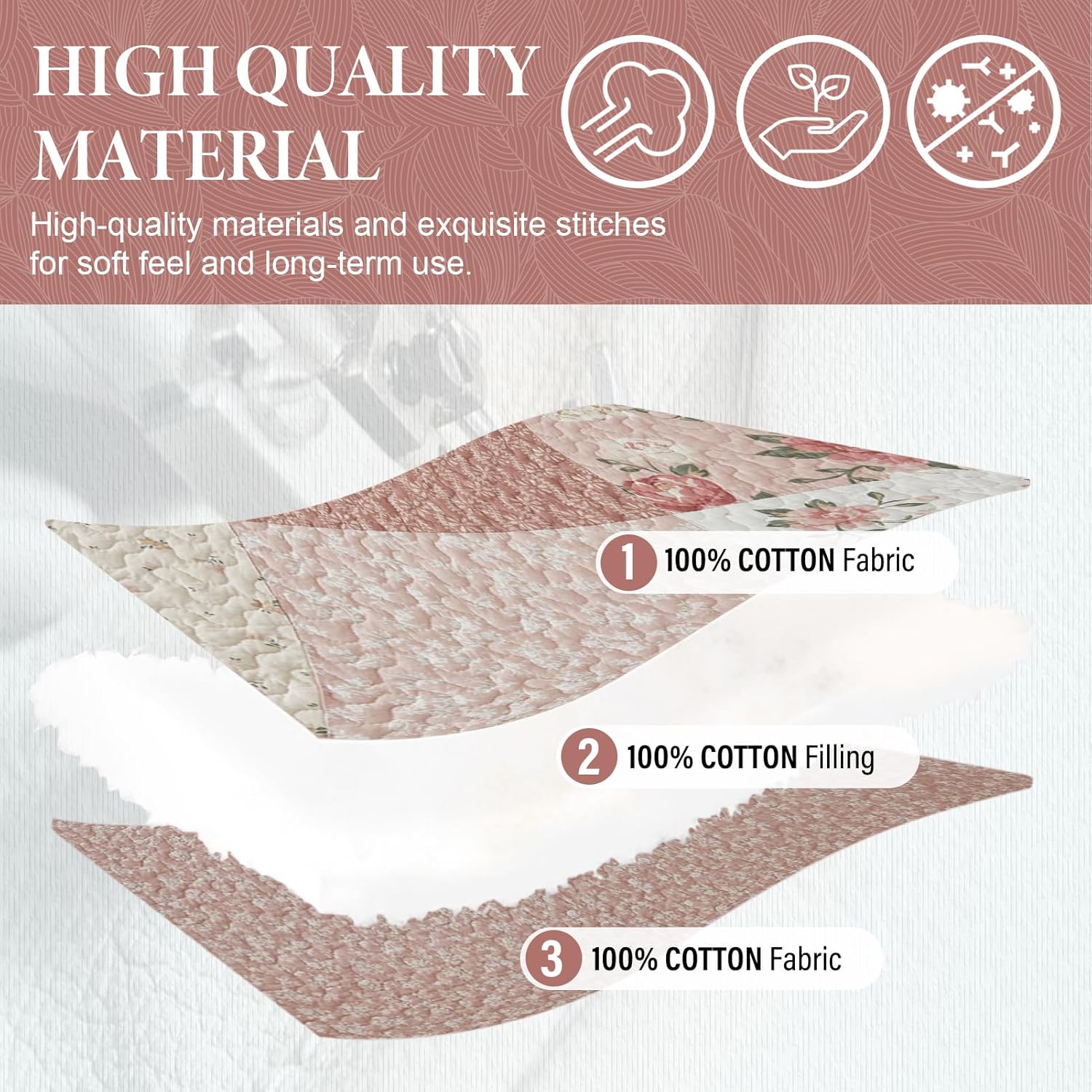 SahSahCasa 128x120 Cotton Patchwork Bedspread Set - Floral Cal King Quilt