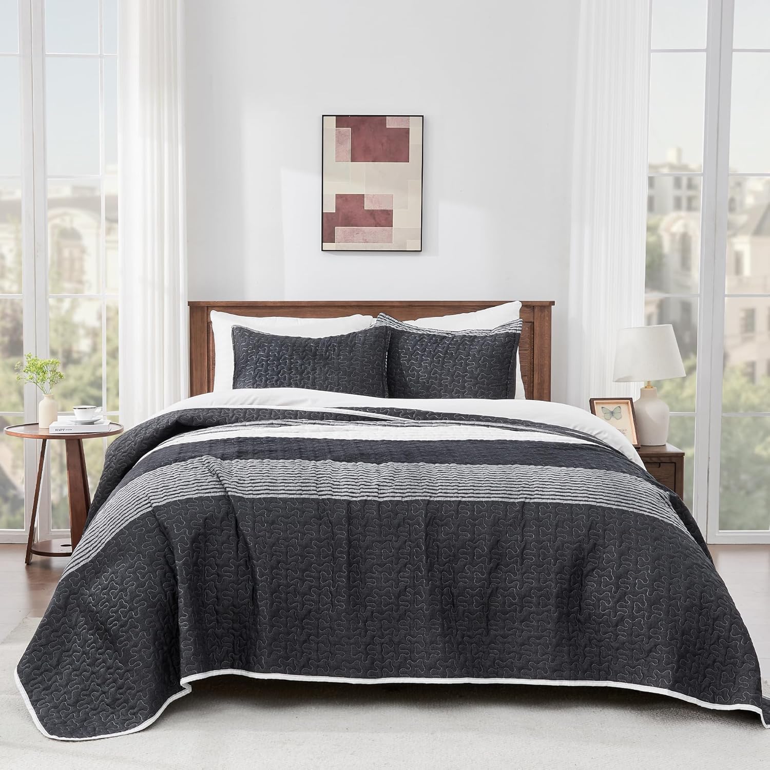 Andency King Size Quilt Set Black and White Striped