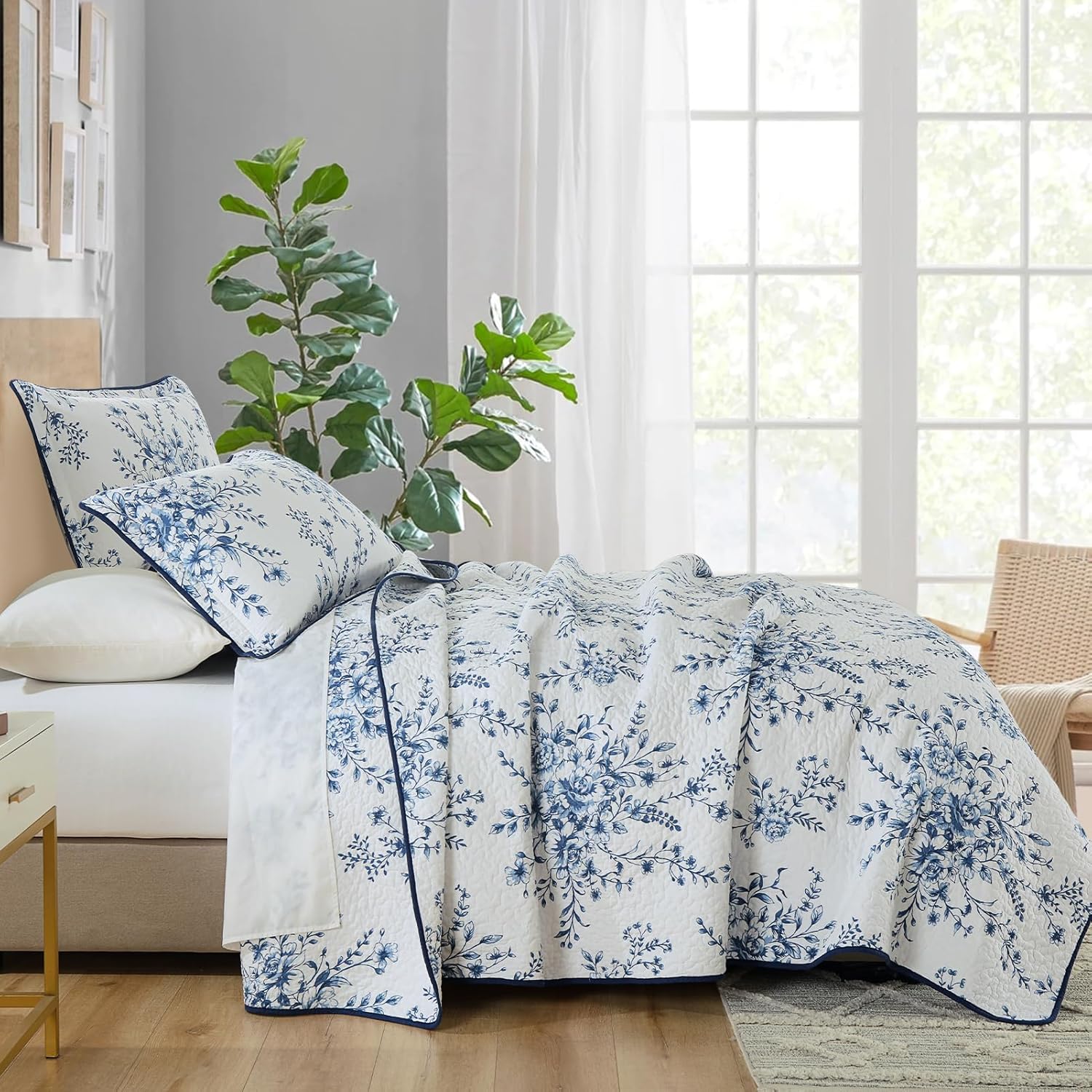 SahSahCasa 100 Cotton King Quilt Set Navy BlueWhite