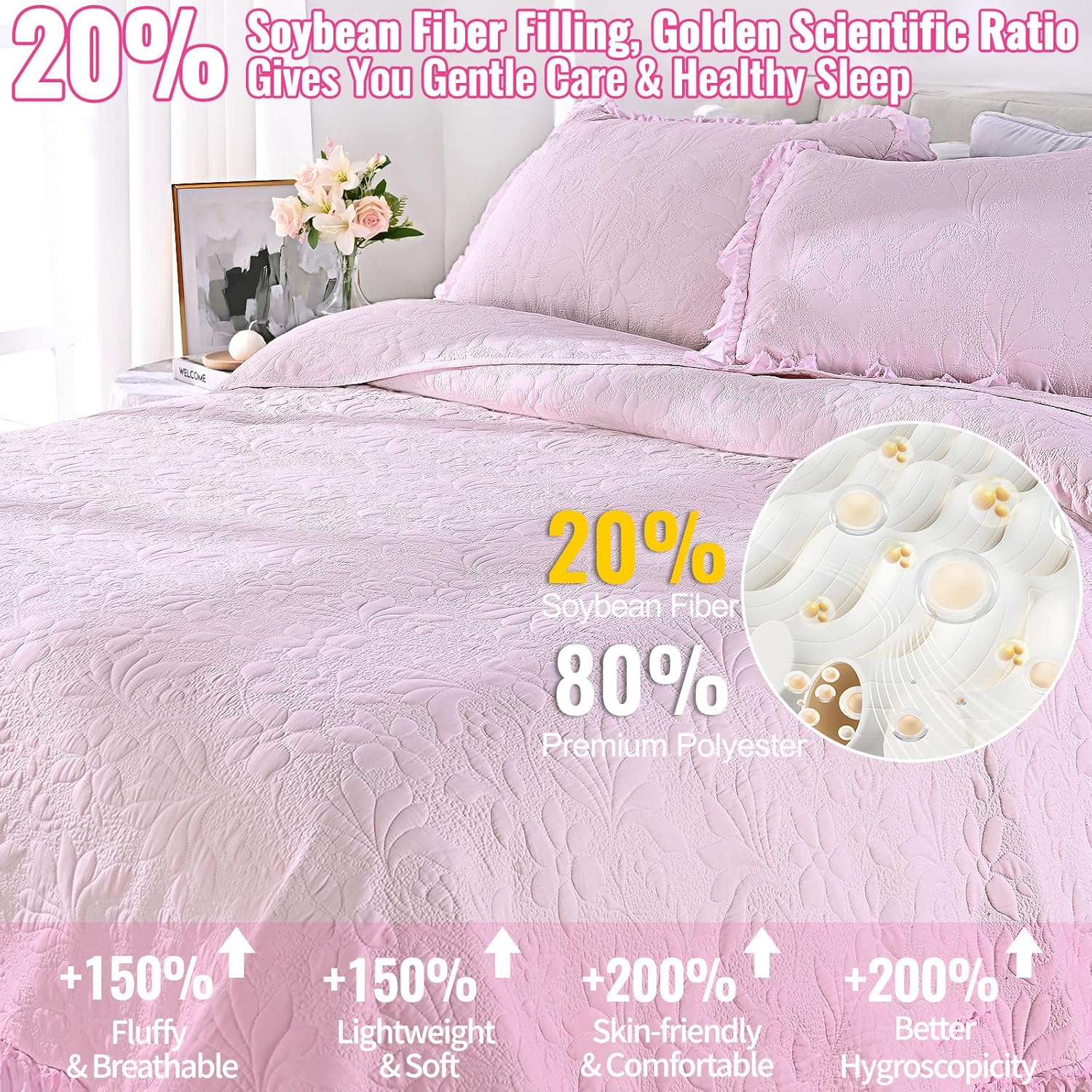 Uspring Pink Ruffled Floral Queen Comforter Set 3 Piece