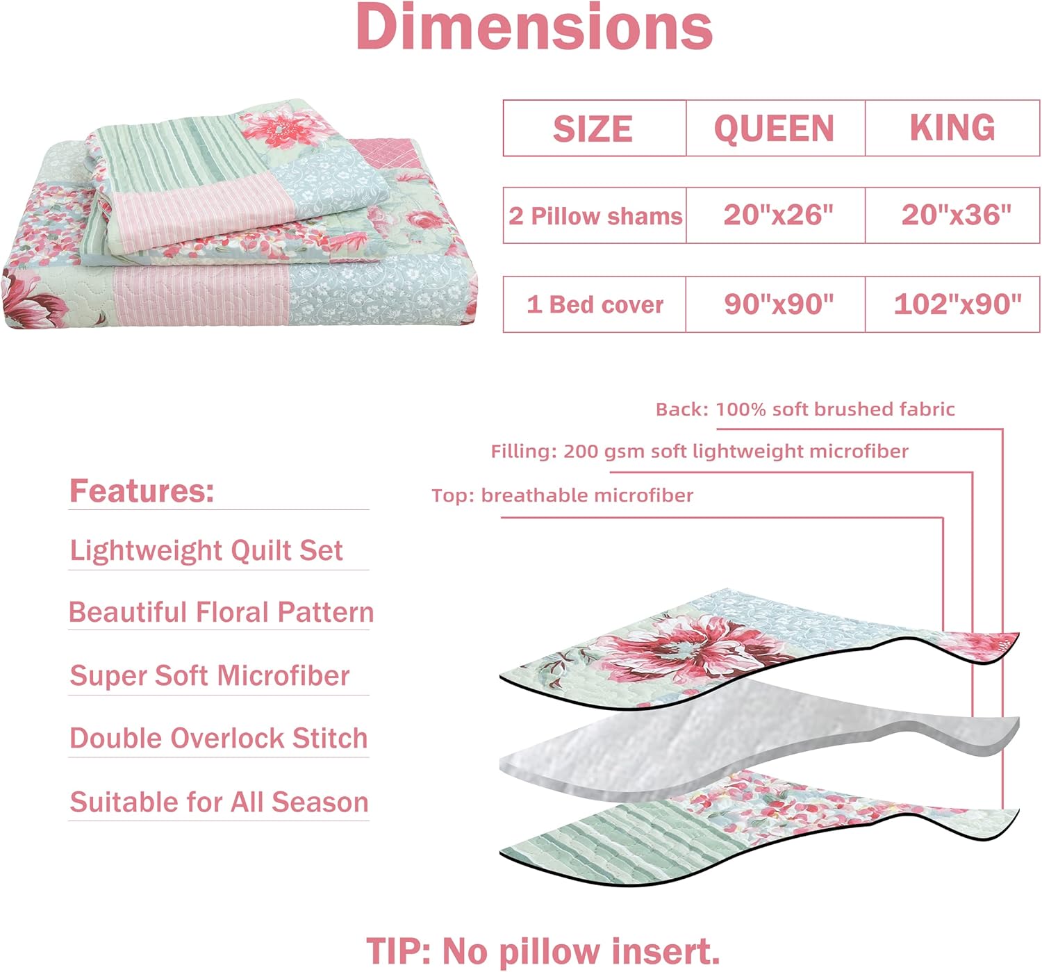 Cmfshape Floral Queen Quilt Set with Pillow Cases