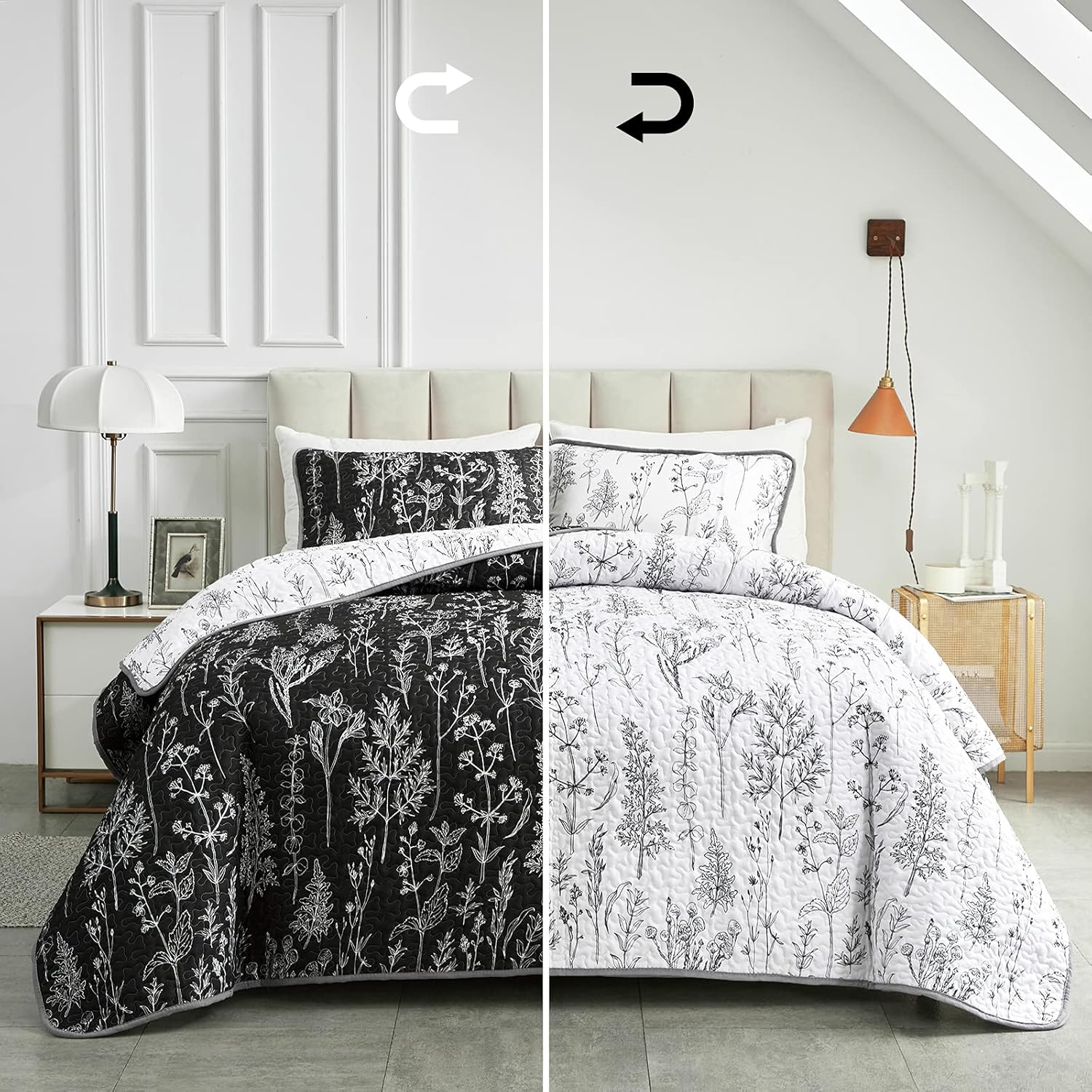 Joyreap 3 Piece Quilt Set Full Queen Black White Reversible