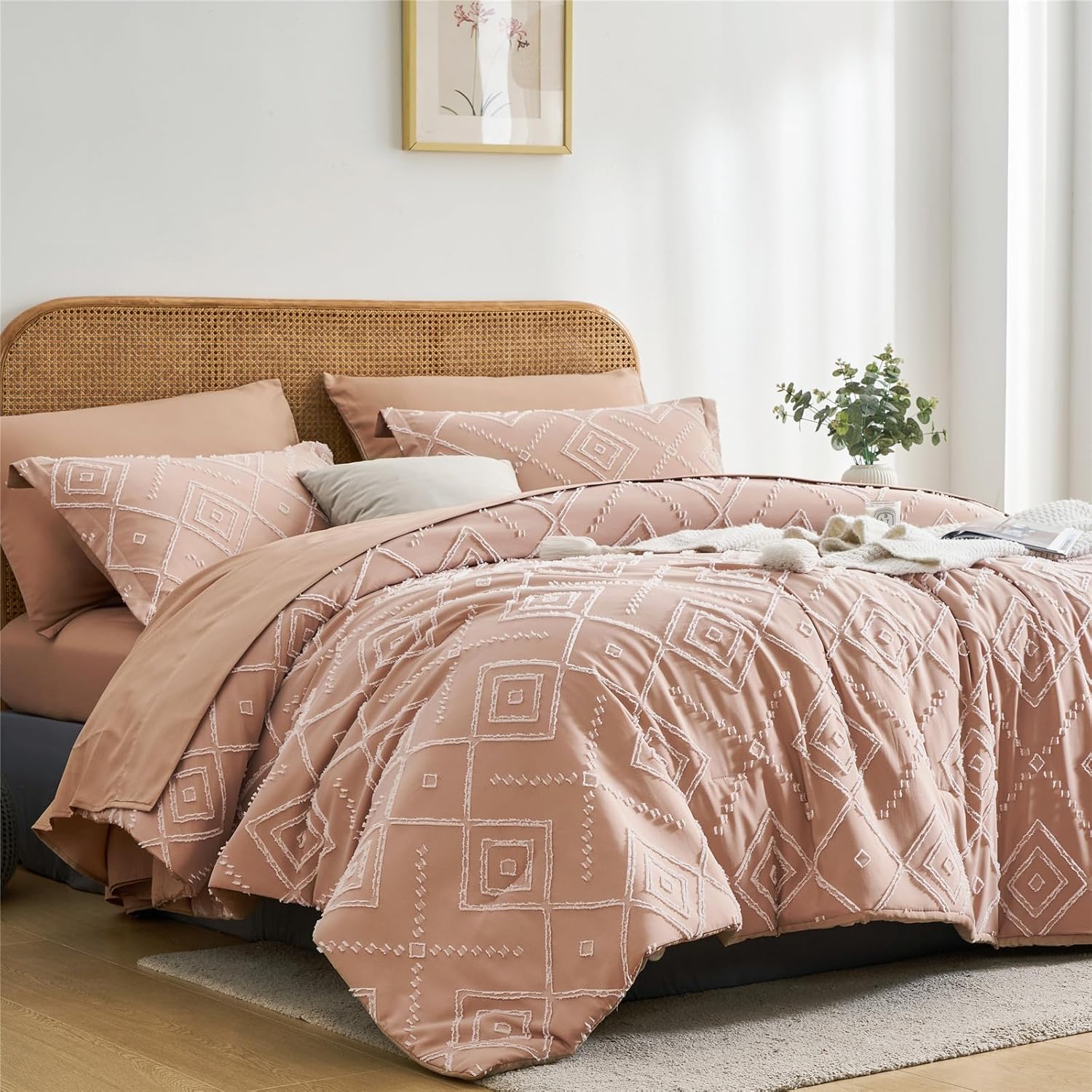 KAKKI Blush Pink Tufted Queen Comforter Set 7 Piece