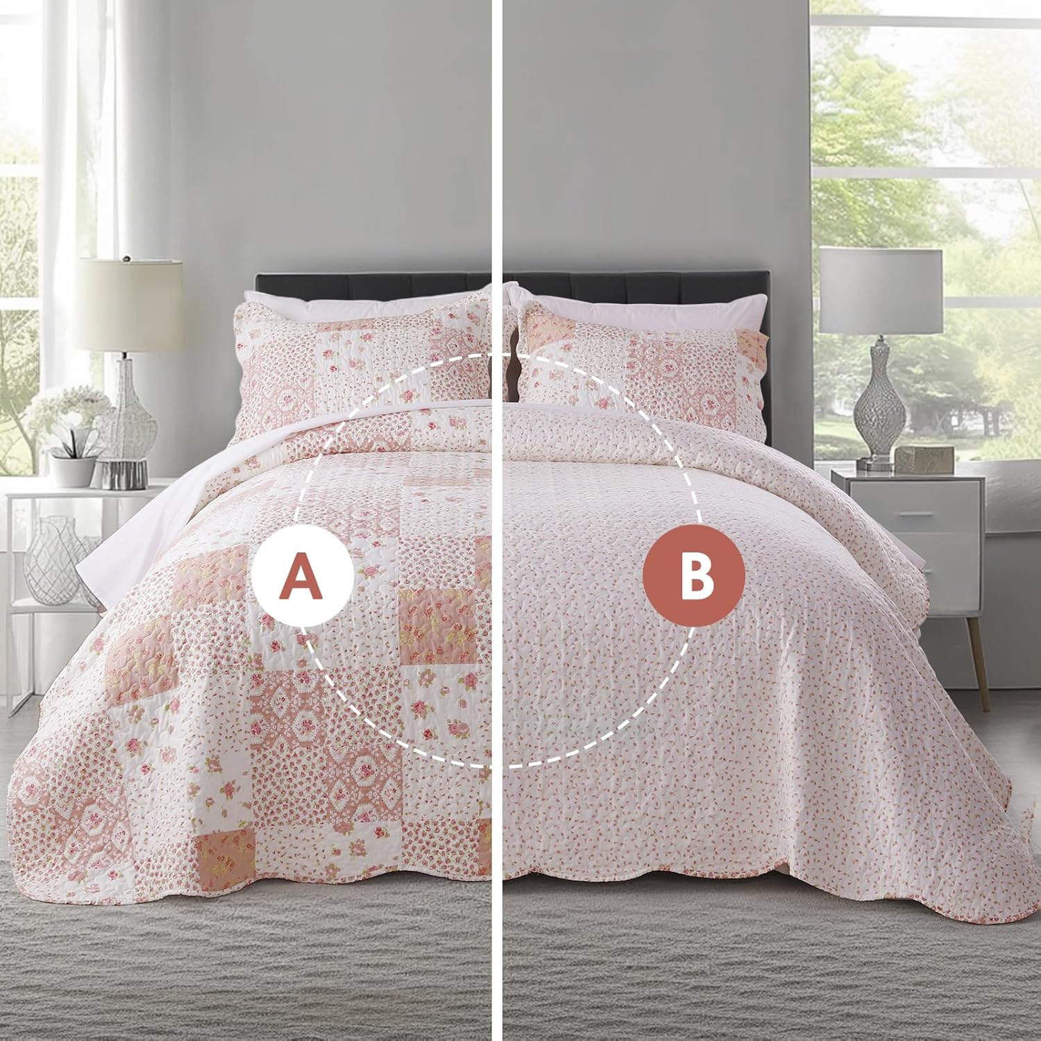 KASENTEX Twin Quilt Set 86x68 Pink Floral Patchwork