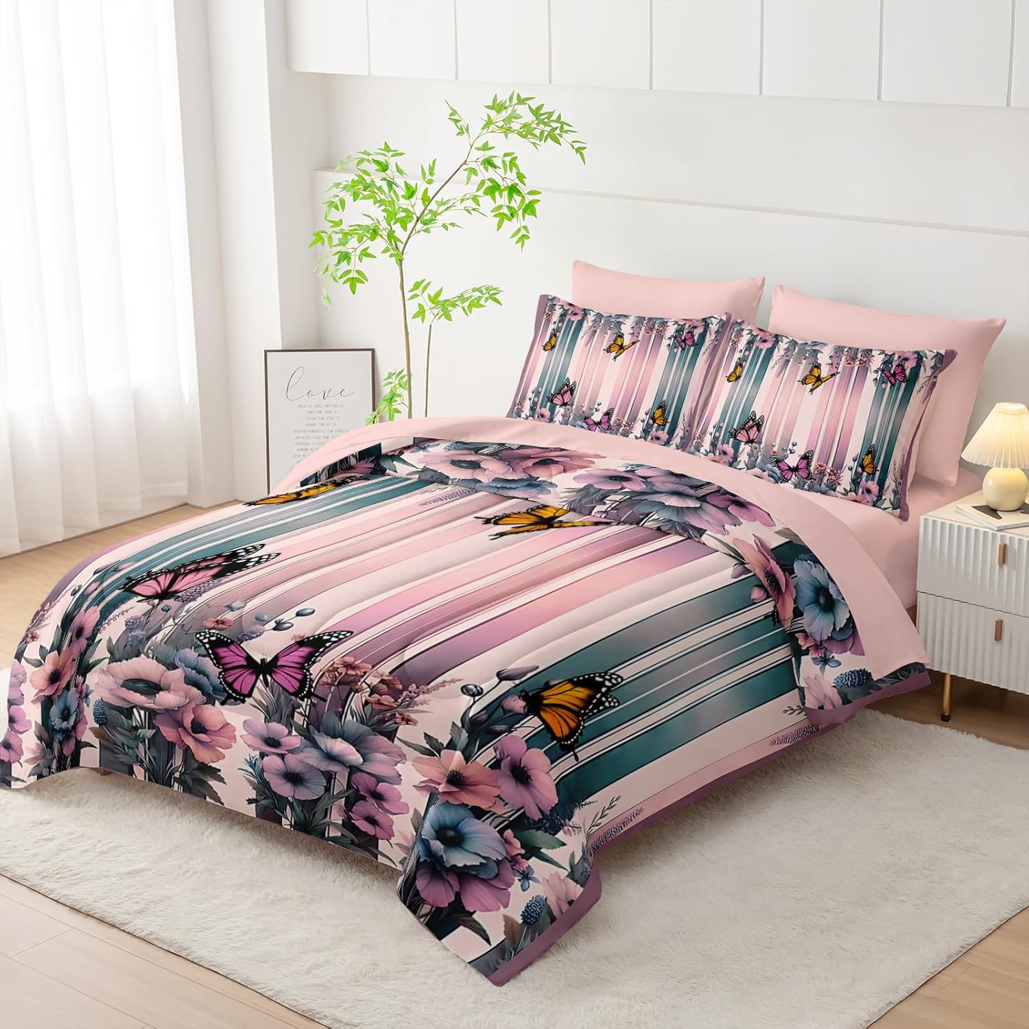 Pink Butterfly Comforter Set Queen 7 Piece