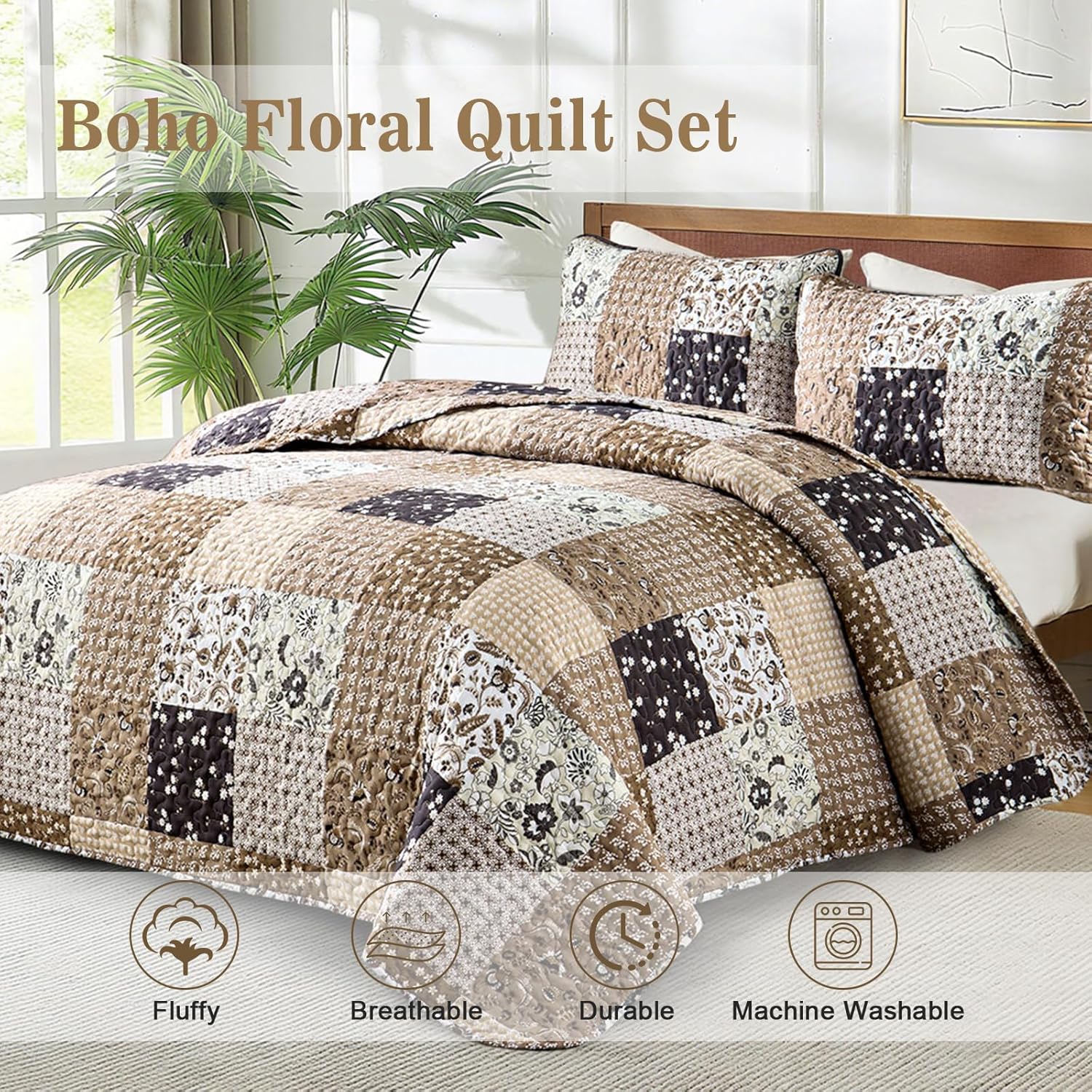 Menghomeus Brown Boho Quilt Set Queen
